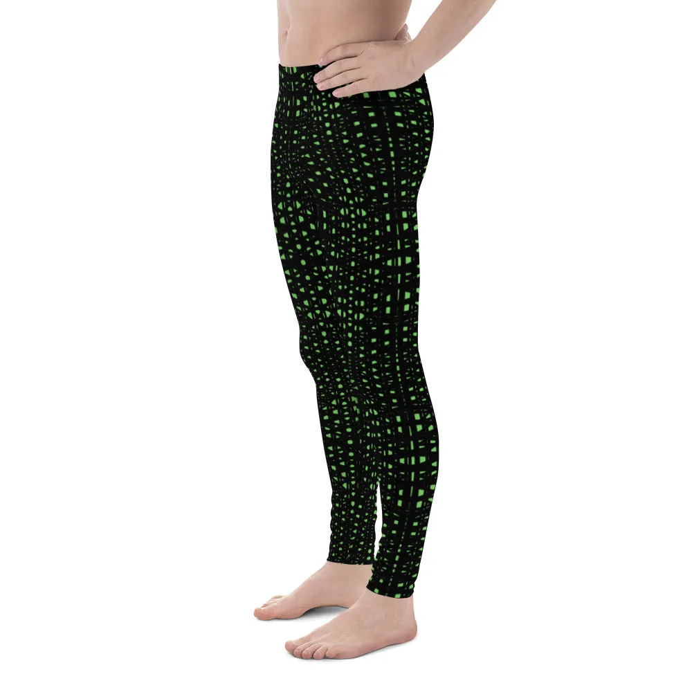 Green Meshed Men's Leggings, Best Premium Meggings Compression Running Tights-Made in USA/EU/MX