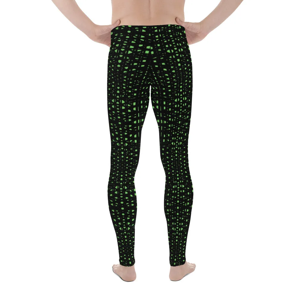 Green Meshed Men's Leggings, Best Premium Meggings Compression Running Tights-Made in USA/EU/MX