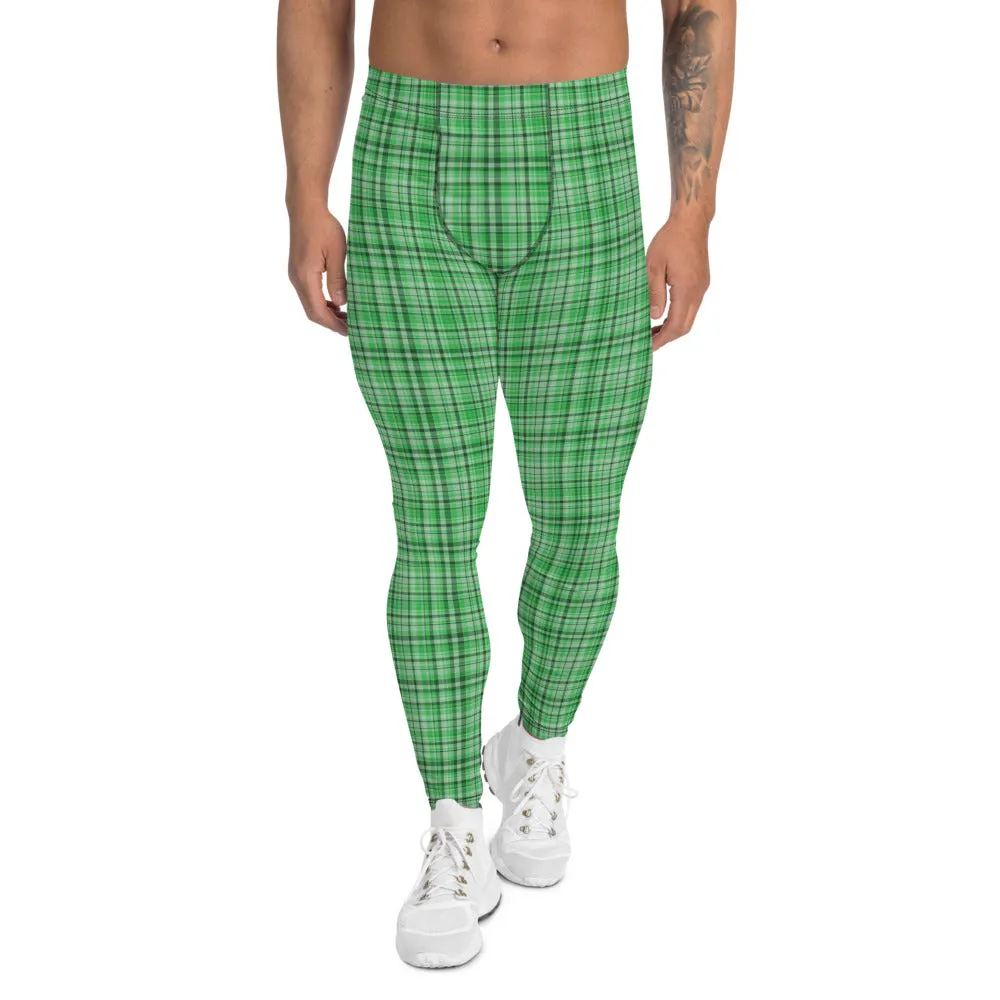 Green Plaid Print Men's Leggings, Tartan Classic Men Run Compression Tights-Made in USA/EU