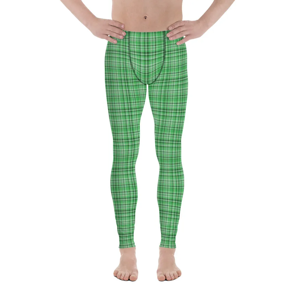 Green Plaid Print Men's Leggings, Tartan Classic Men Run Compression Tights-Made in USA/EU