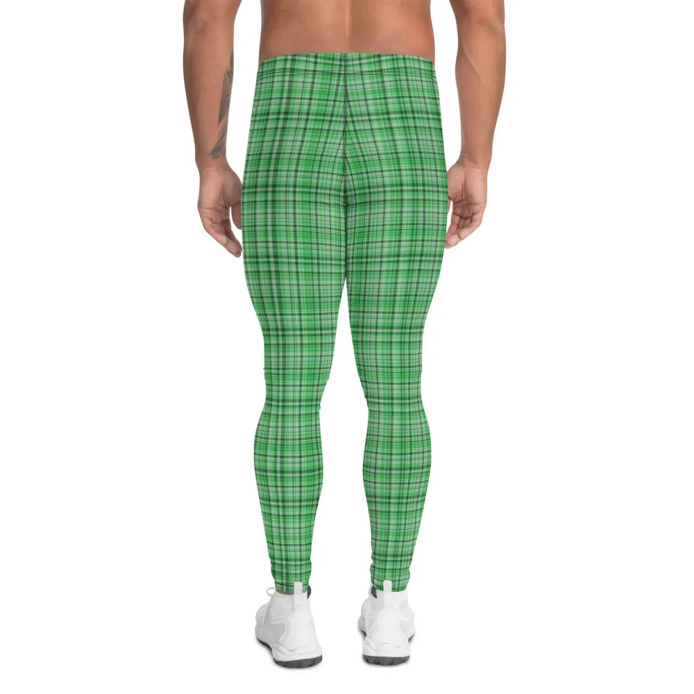 Green Plaid Print Men's Leggings, Tartan Classic Men Run Compression Tights-Made in USA/EU