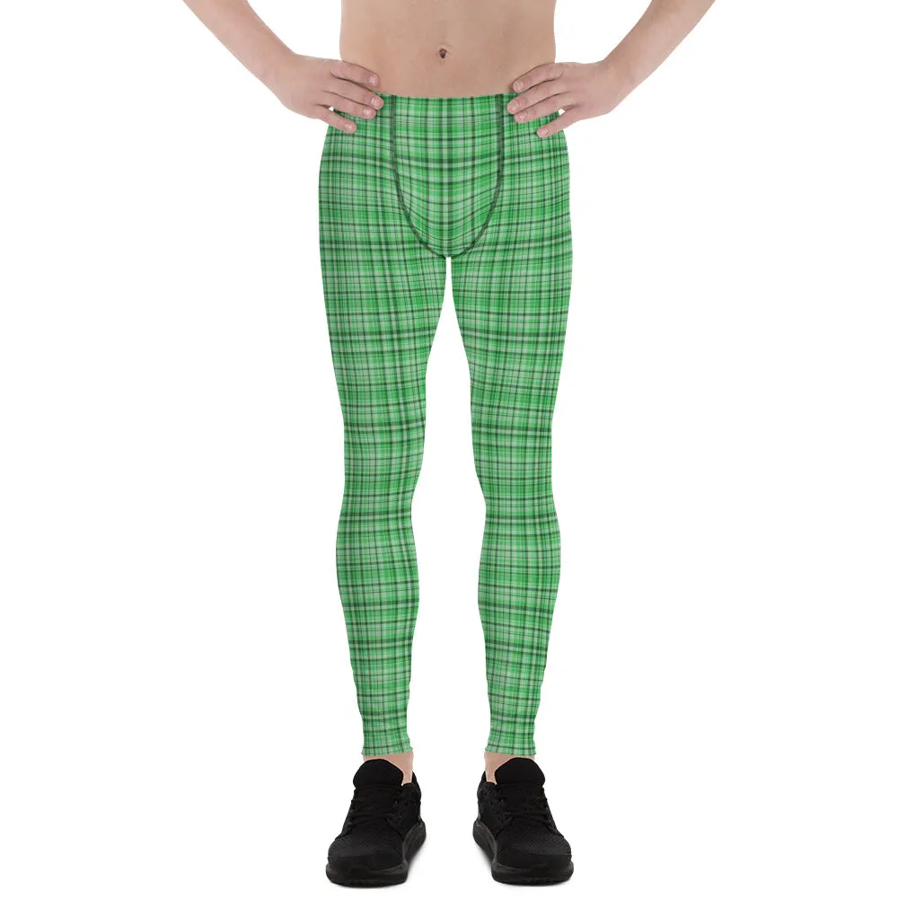 Green Plaid Print Men's Leggings, Tartan Classic Men Run Compression Tights-Made in USA/EU