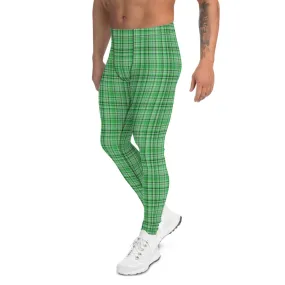 Green Plaid Print Men's Leggings, Tartan Classic Men Run Compression Tights-Made in USA/EU