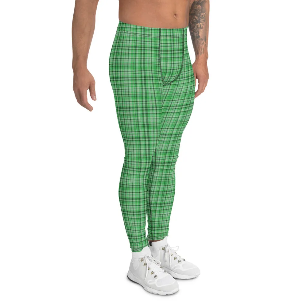 Green Plaid Print Men's Leggings, Tartan Classic Men Run Compression Tights-Made in USA/EU