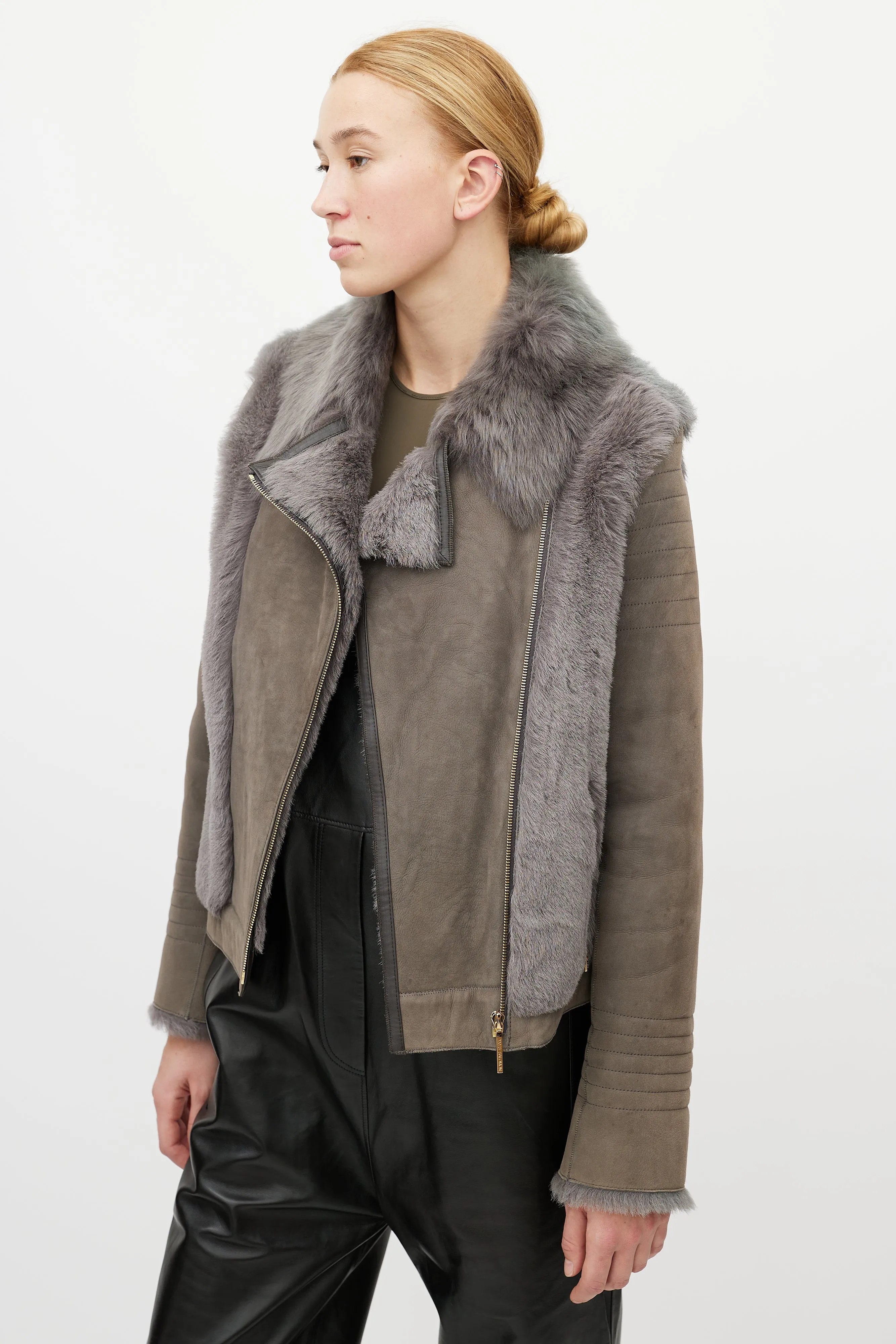 Grey Leather Shearling Jacket