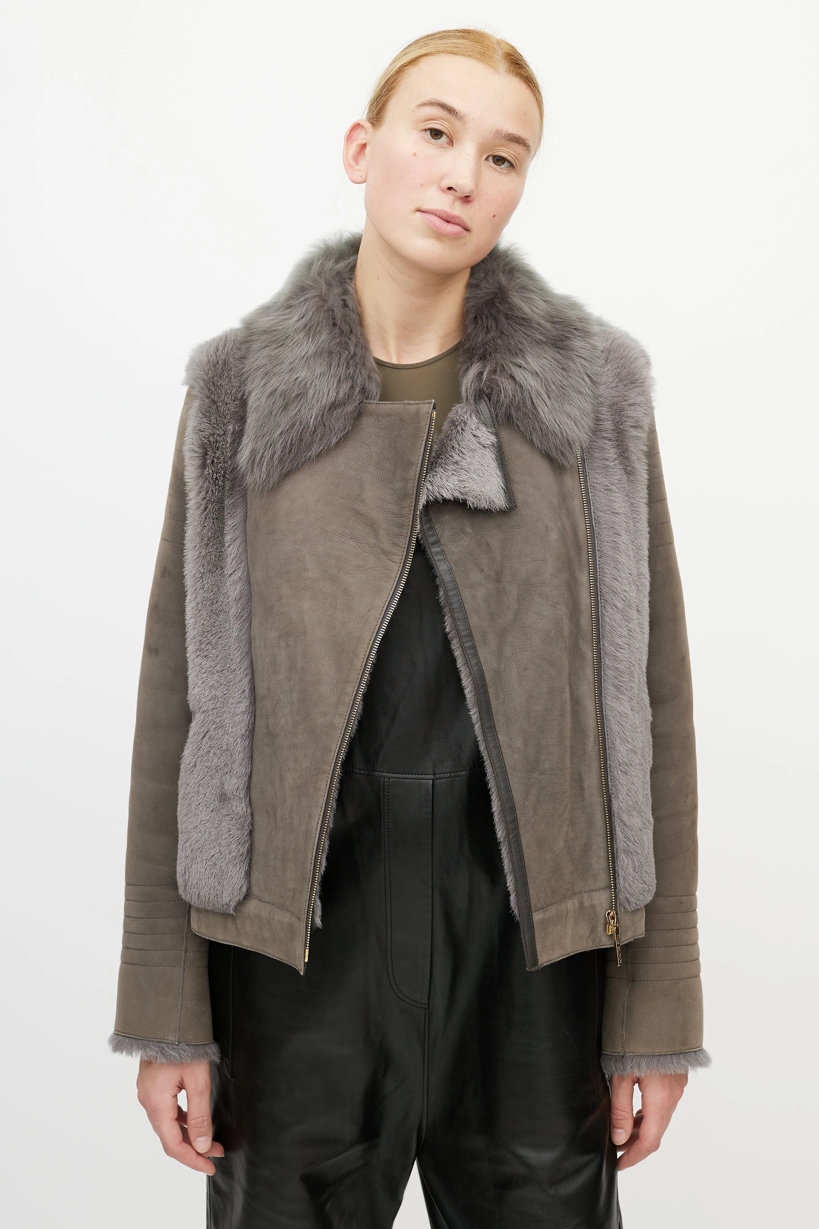 Grey Leather Shearling Jacket