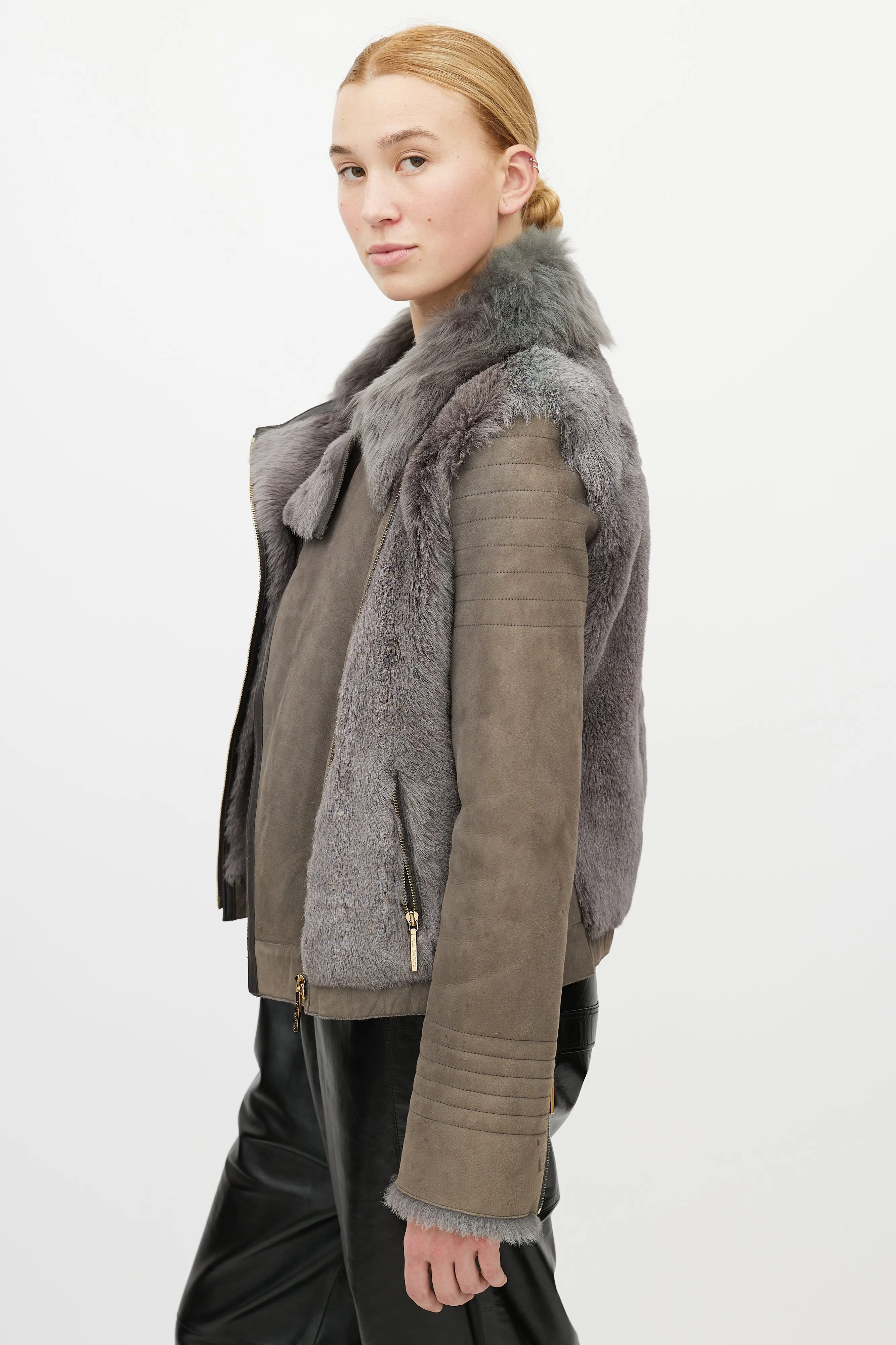 Grey Leather Shearling Jacket