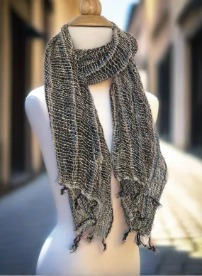 Handwoven Open Weave Cotton Scarf - Multicolor Black/Khaki/Blue