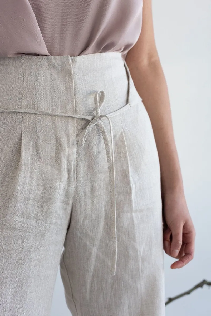 High-waist Linen Pants with Origami Belt