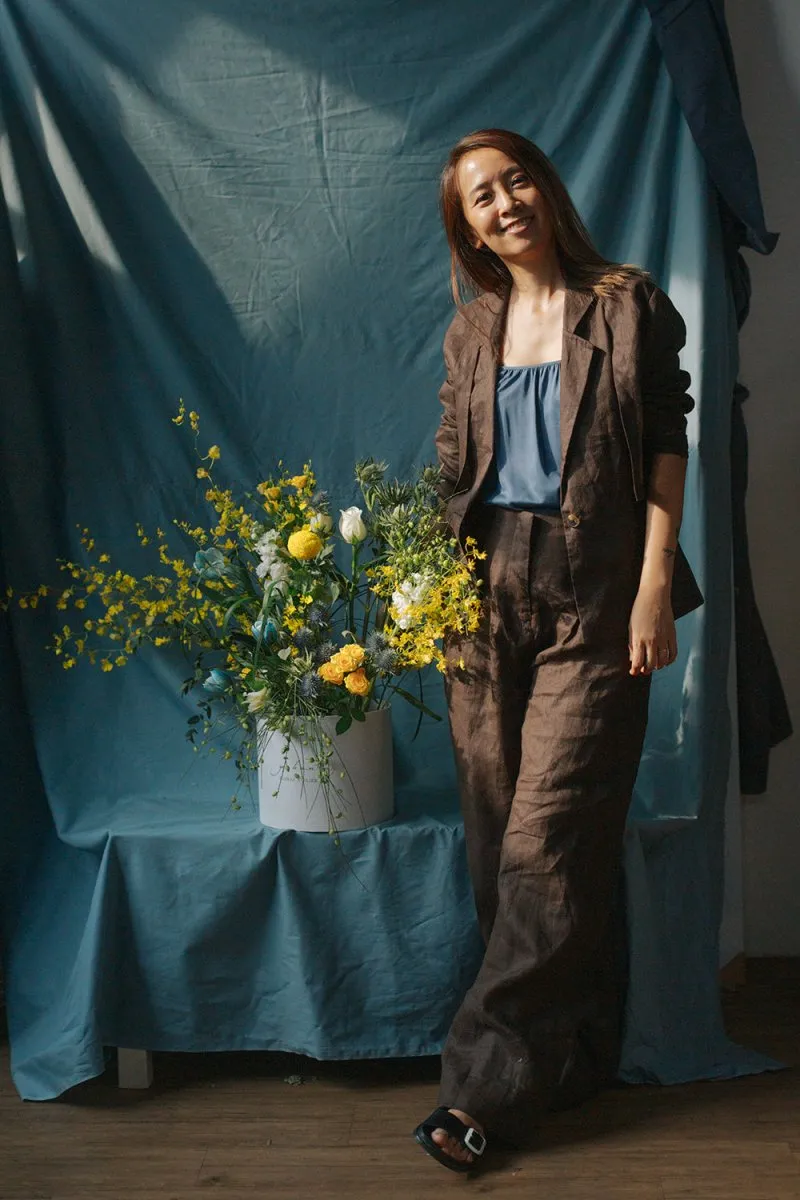 High-waist Linen Pants with Origami Belt