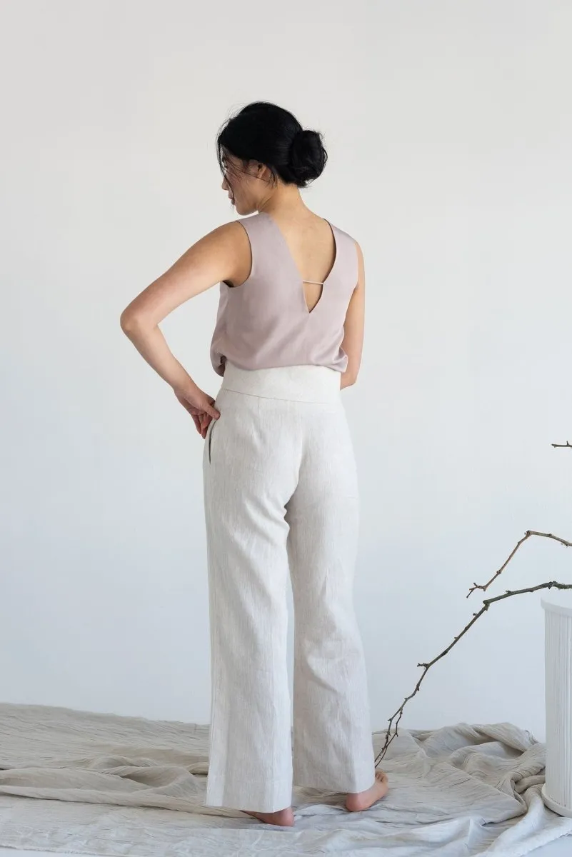 High-waist Linen Pants with Origami Belt