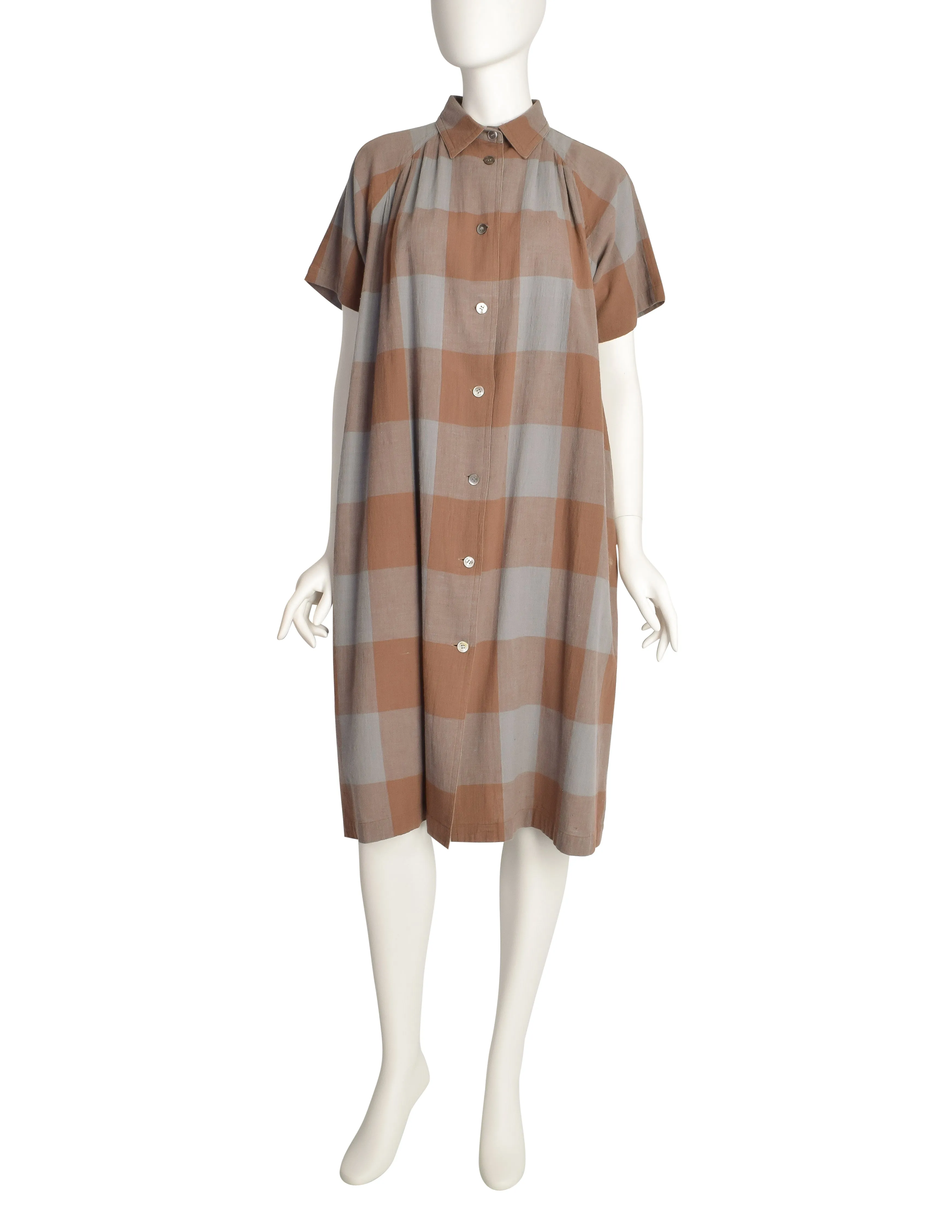 Issey Miyake Sport Vintage 1980s Blue Brown Large Scale Check Cotton Tent Shirt Dress