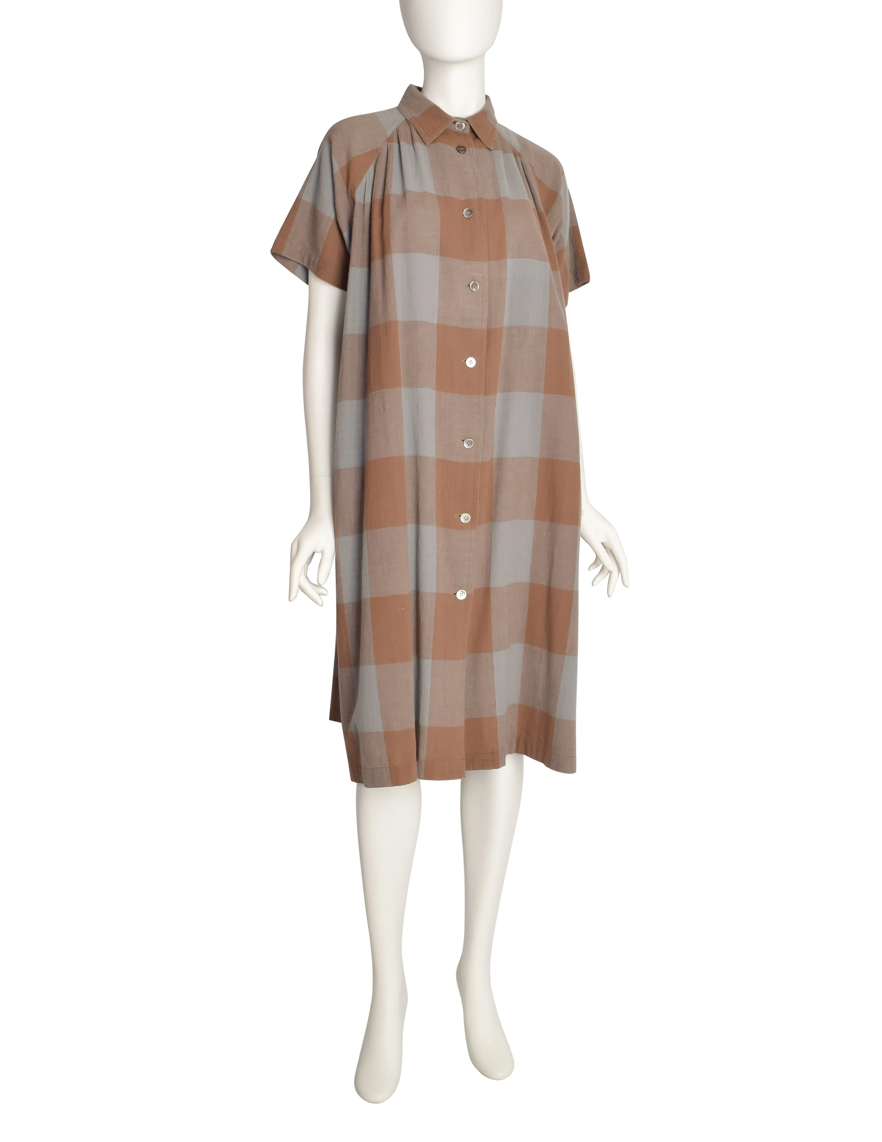 Issey Miyake Sport Vintage 1980s Blue Brown Large Scale Check Cotton Tent Shirt Dress