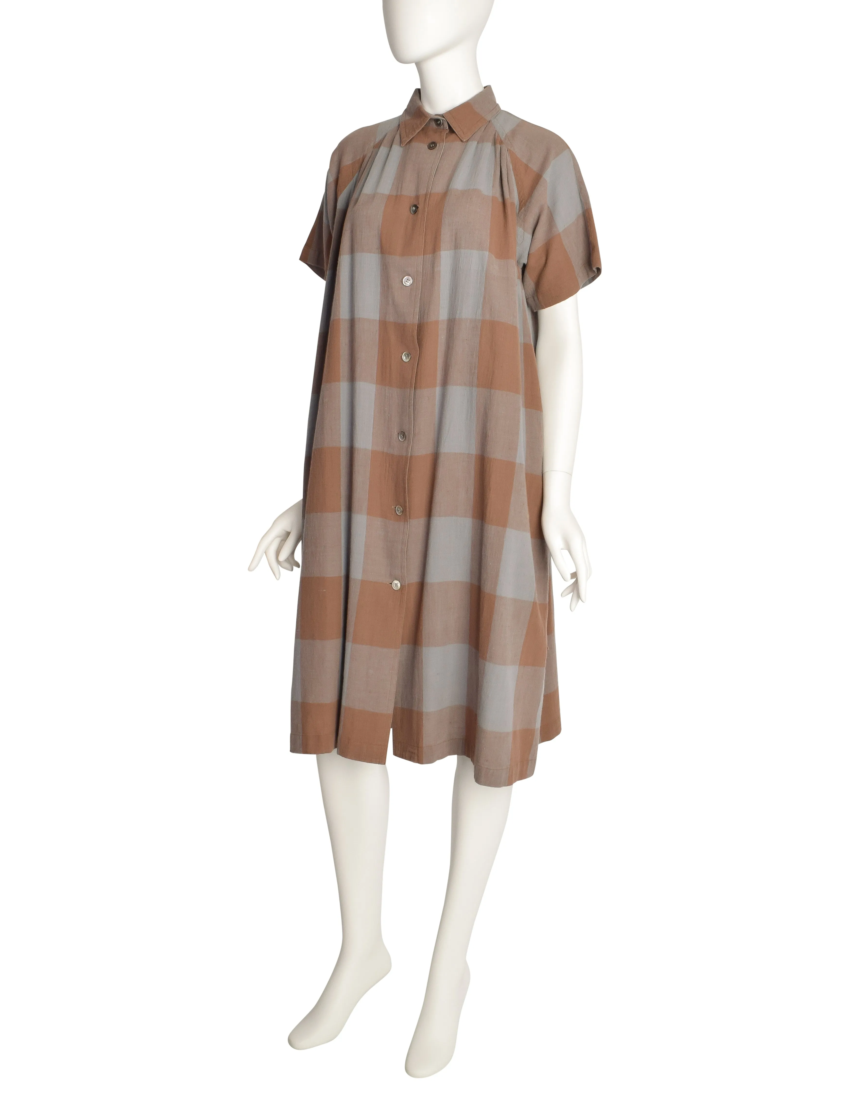 Issey Miyake Sport Vintage 1980s Blue Brown Large Scale Check Cotton Tent Shirt Dress