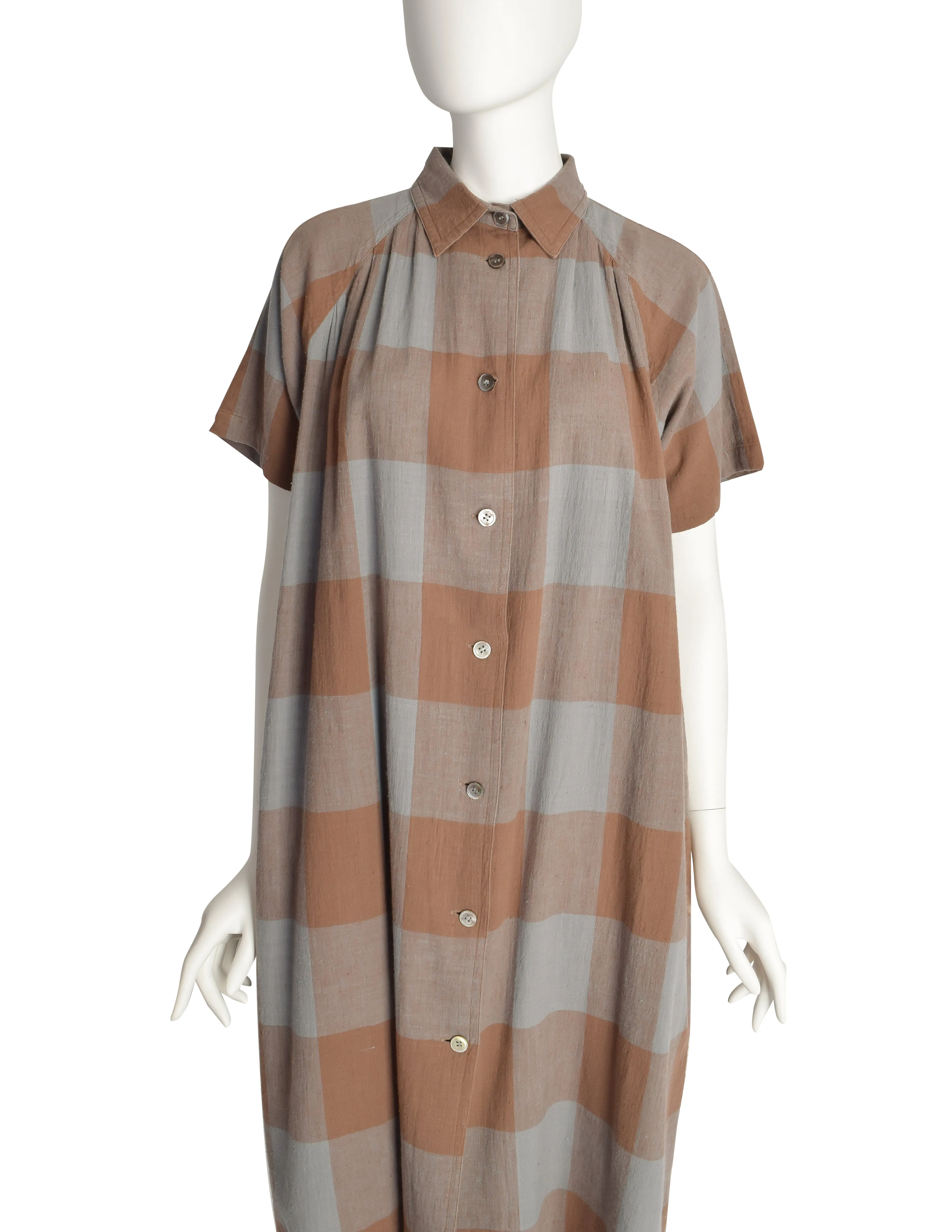 Issey Miyake Sport Vintage 1980s Blue Brown Large Scale Check Cotton Tent Shirt Dress