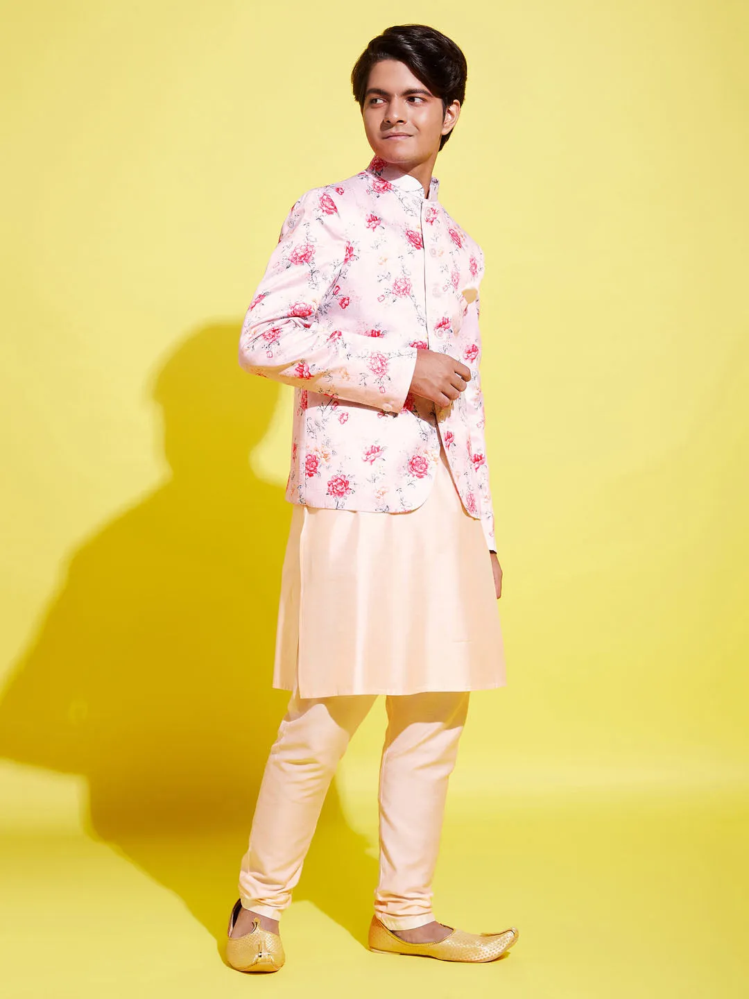 Jashvi Floral Printed Peach Bandhgala Prince Coat Jodhpuri With Cream Kurta Pyjama Set