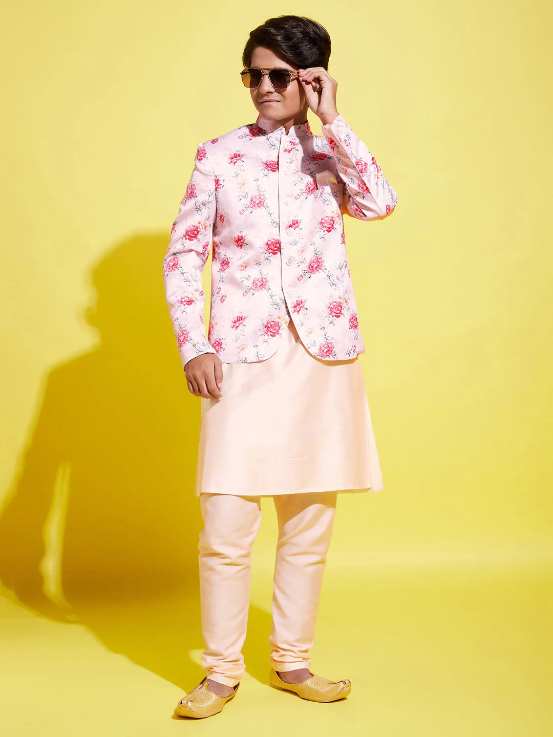 Jashvi Floral Printed Peach Bandhgala Prince Coat Jodhpuri With Cream Kurta Pyjama Set