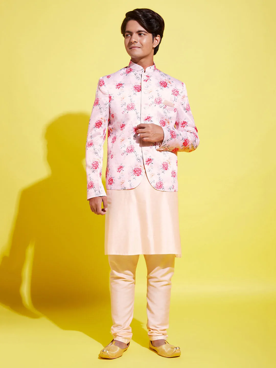 Jashvi Floral Printed Peach Bandhgala Prince Coat Jodhpuri With Cream Kurta Pyjama Set