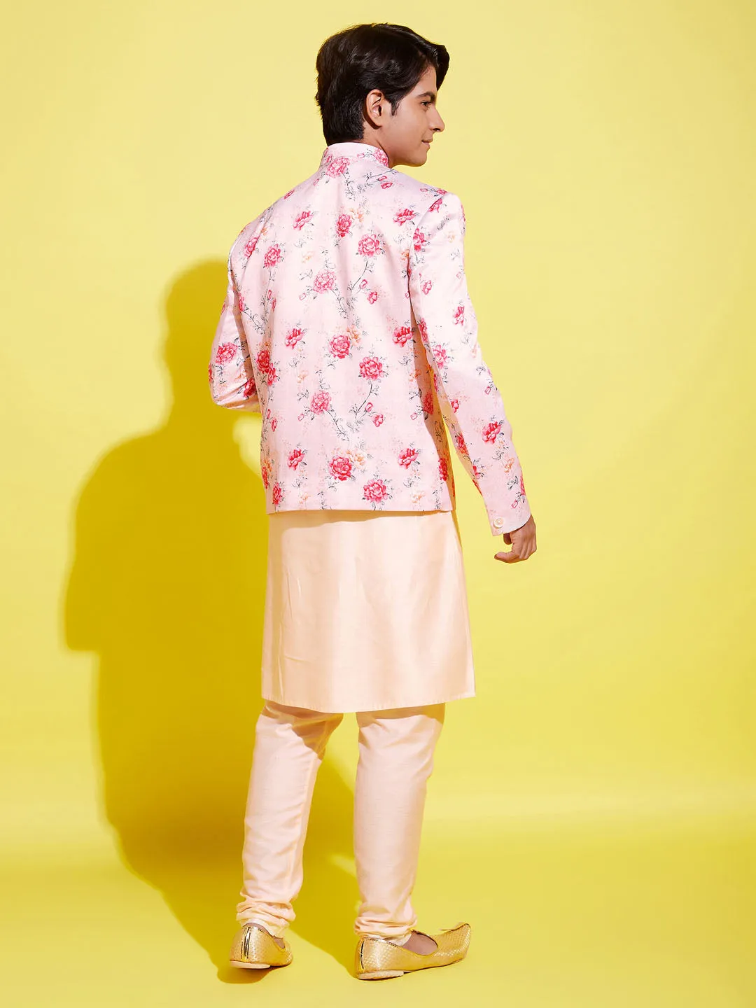 Jashvi Floral Printed Peach Bandhgala Prince Coat Jodhpuri With Cream Kurta Pyjama Set