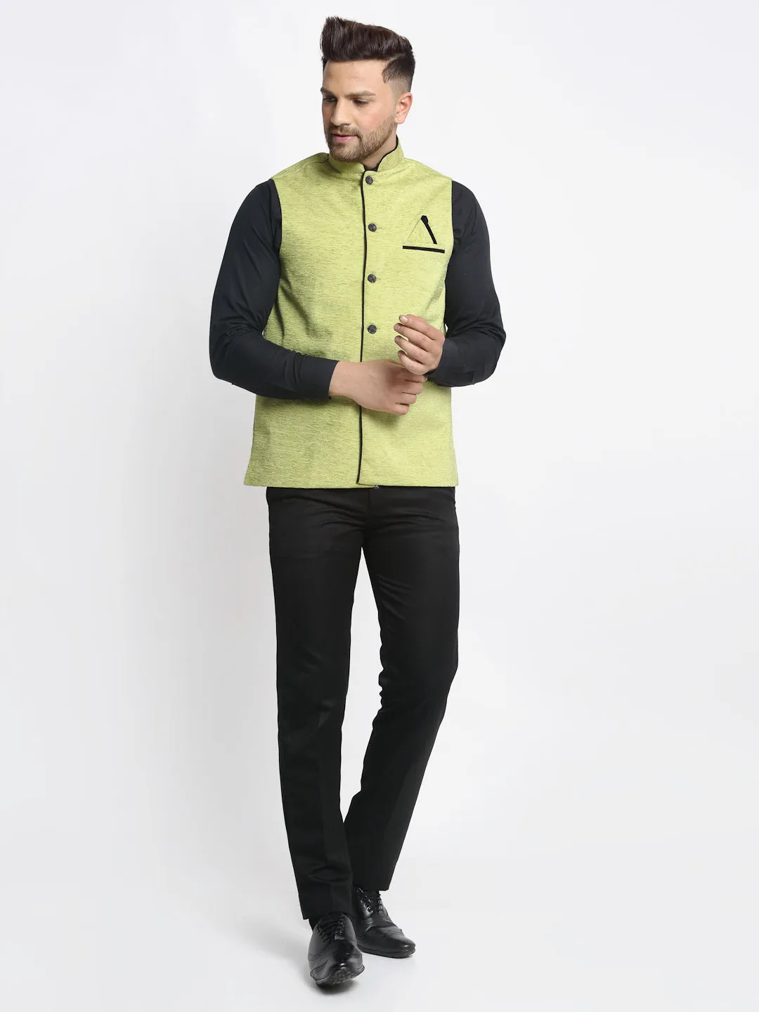 Jashvi Men's Green Solid Nehru Jacket with Square Pocket