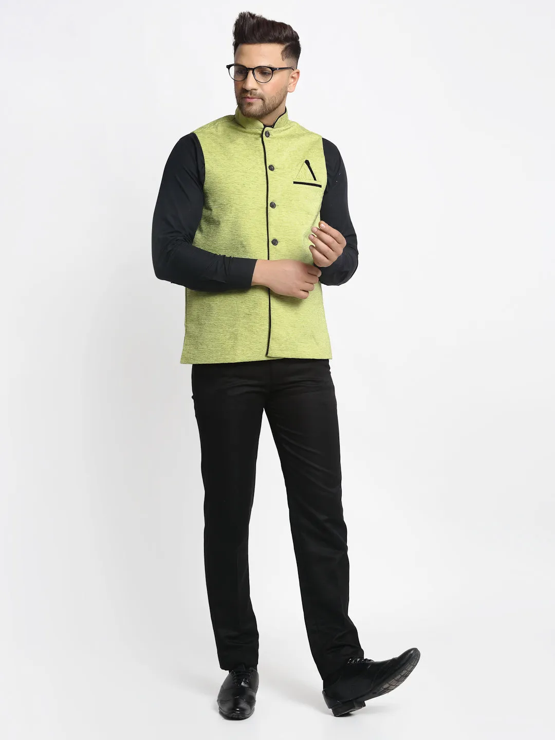 Jashvi Men's Green Solid Nehru Jacket with Square Pocket