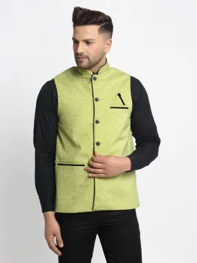 Jashvi Men's Green Solid Nehru Jacket with Square Pocket