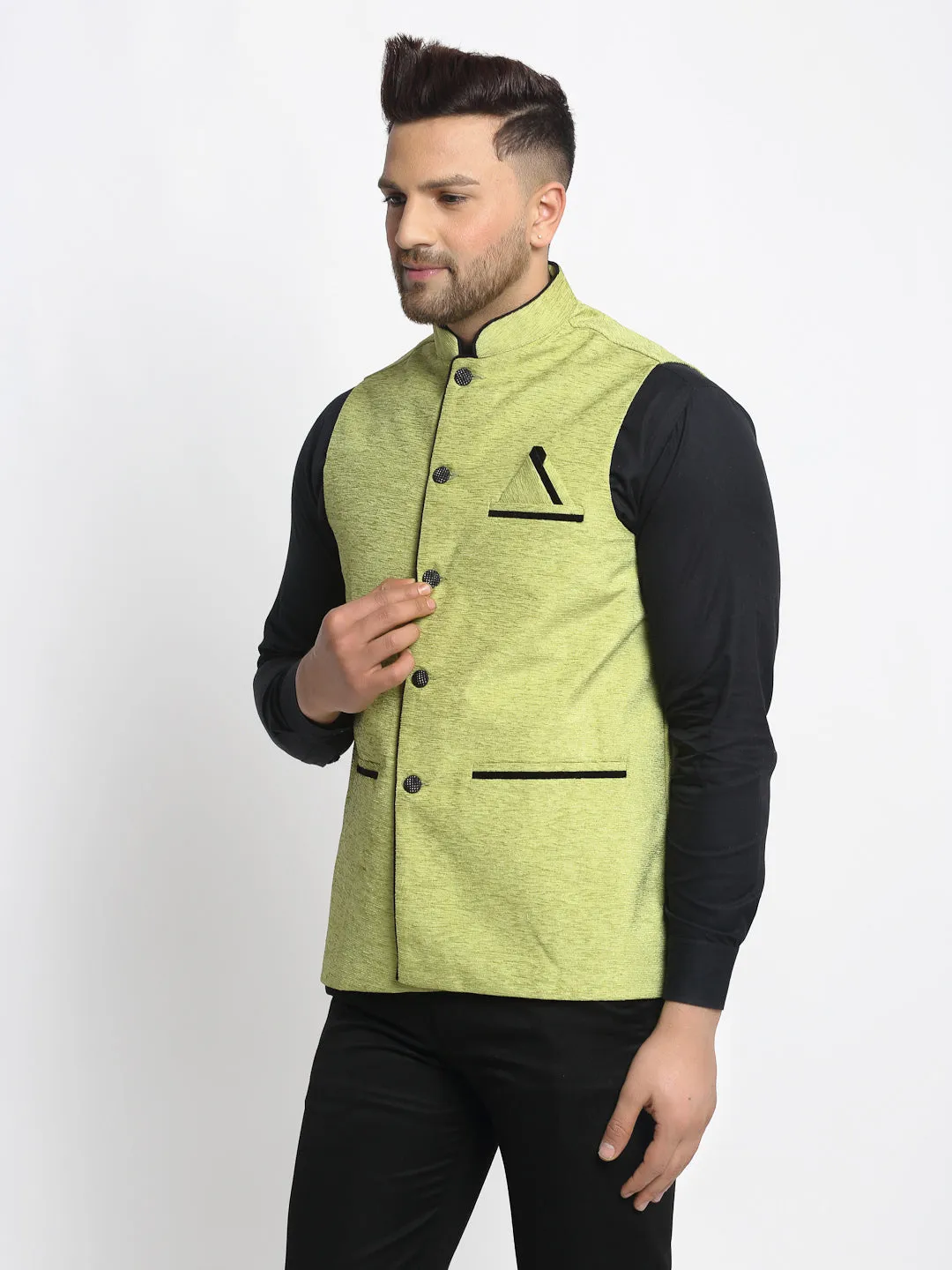 Jashvi Men's Green Solid Nehru Jacket with Square Pocket