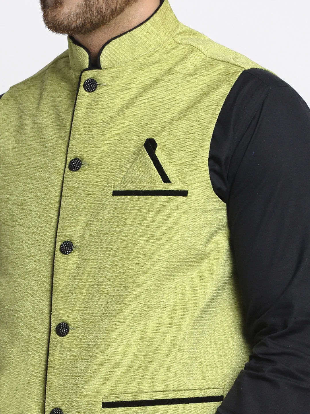 Jashvi Men's Green Solid Nehru Jacket with Square Pocket