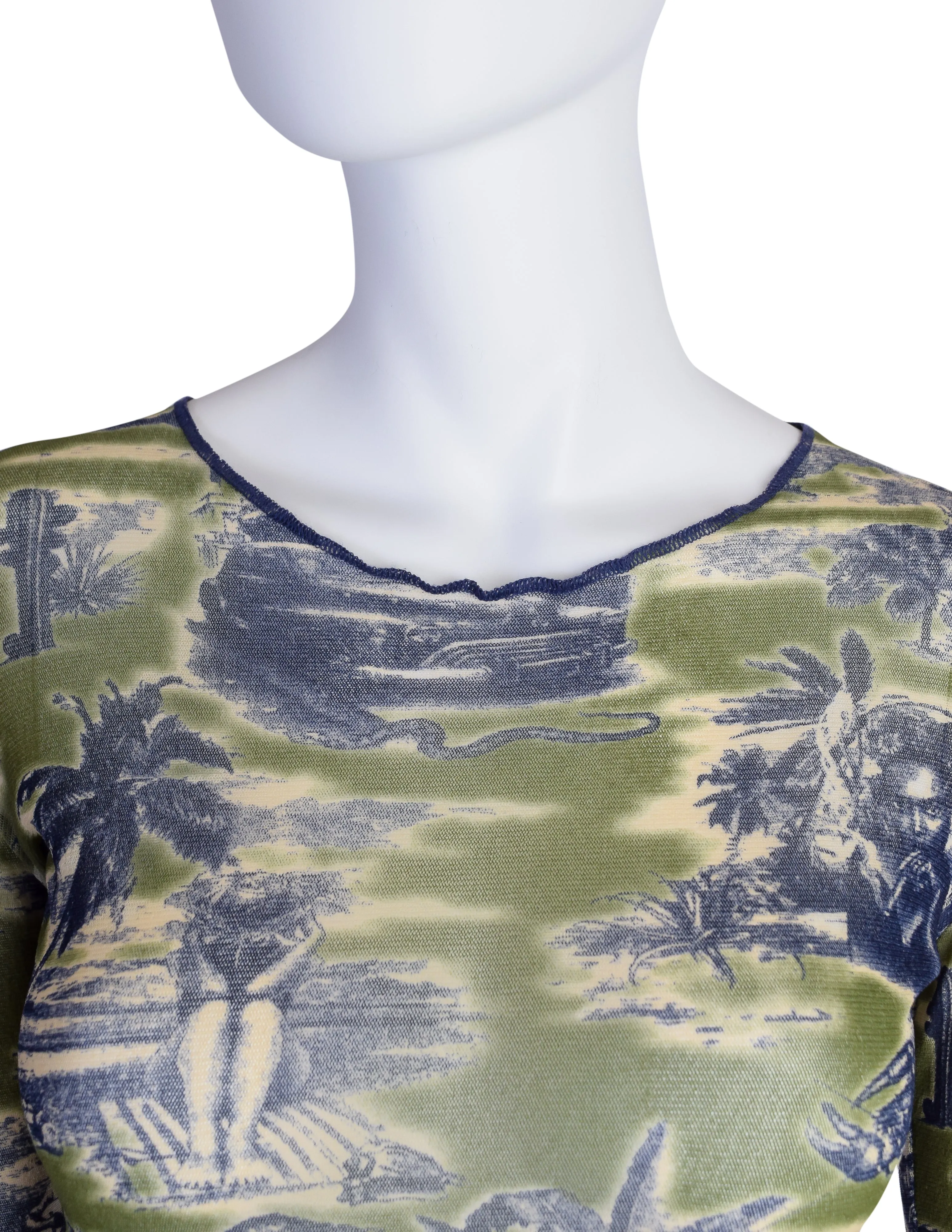 Jean Paul Gaultier Vintage Green Blue Cuba Print Mesh Long Sleeve Shirt