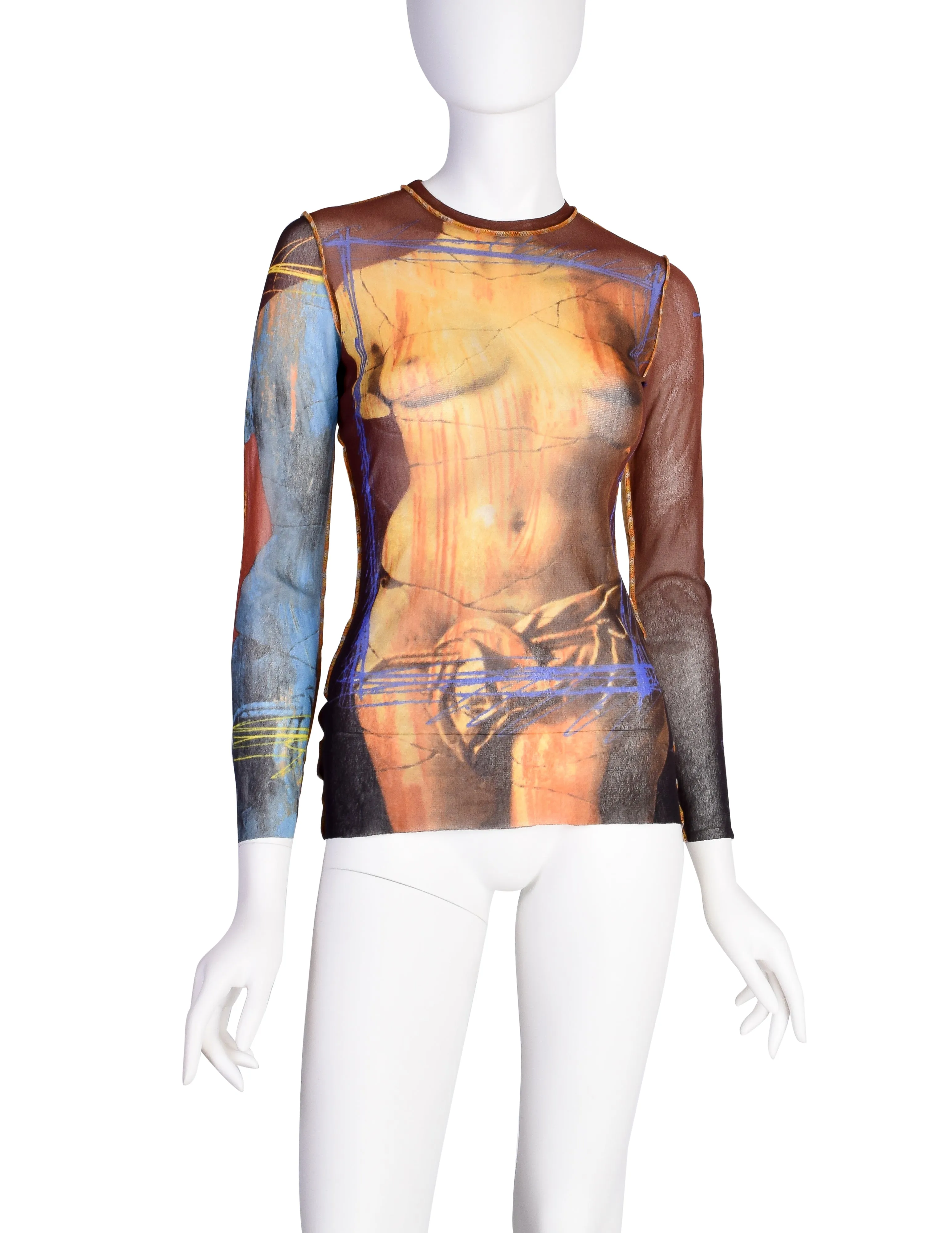 Jean Paul Gaultier Vintage SS 1999 Venus de Milo Statue Cyber Print Mesh Long Sleeve Shirt