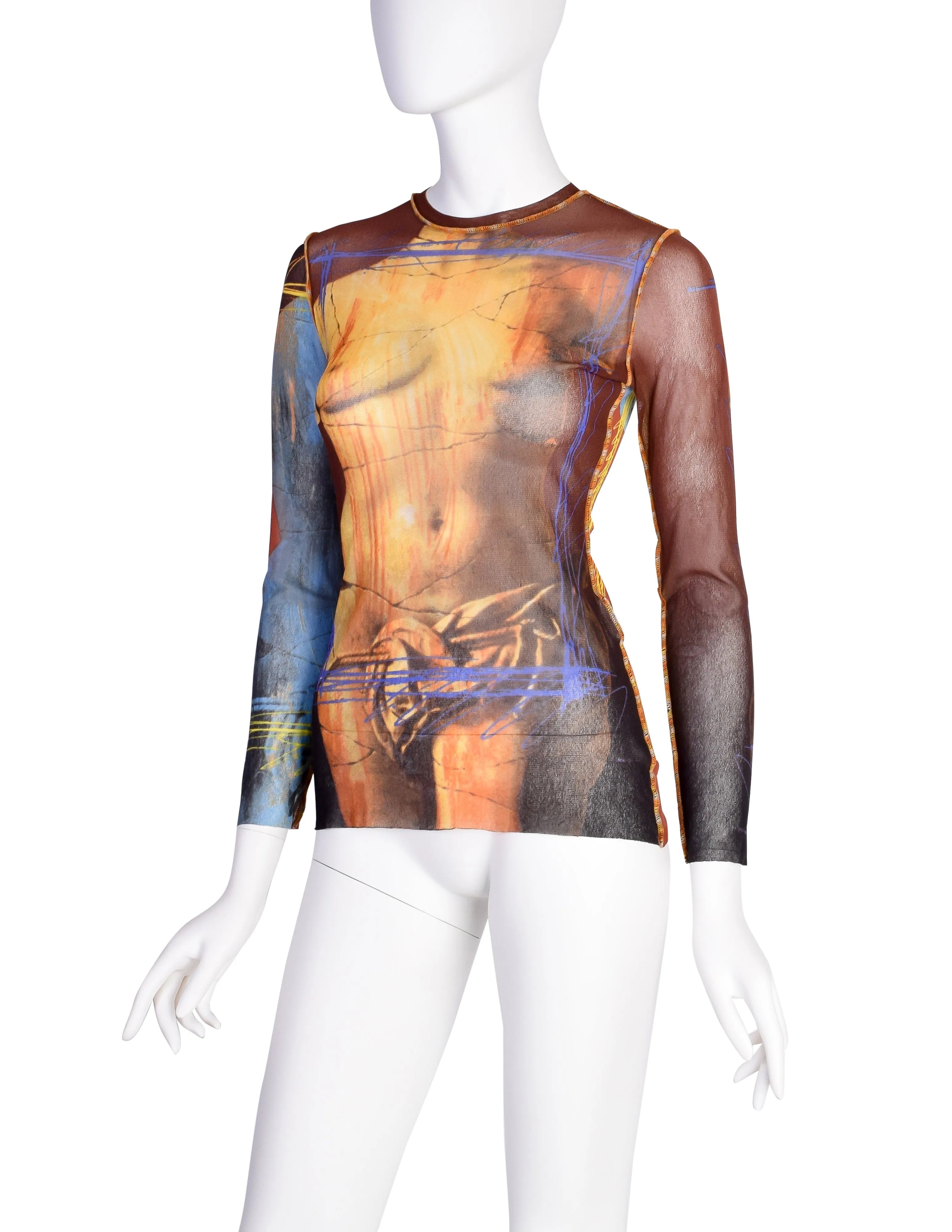 Jean Paul Gaultier Vintage SS 1999 Venus de Milo Statue Cyber Print Mesh Long Sleeve Shirt