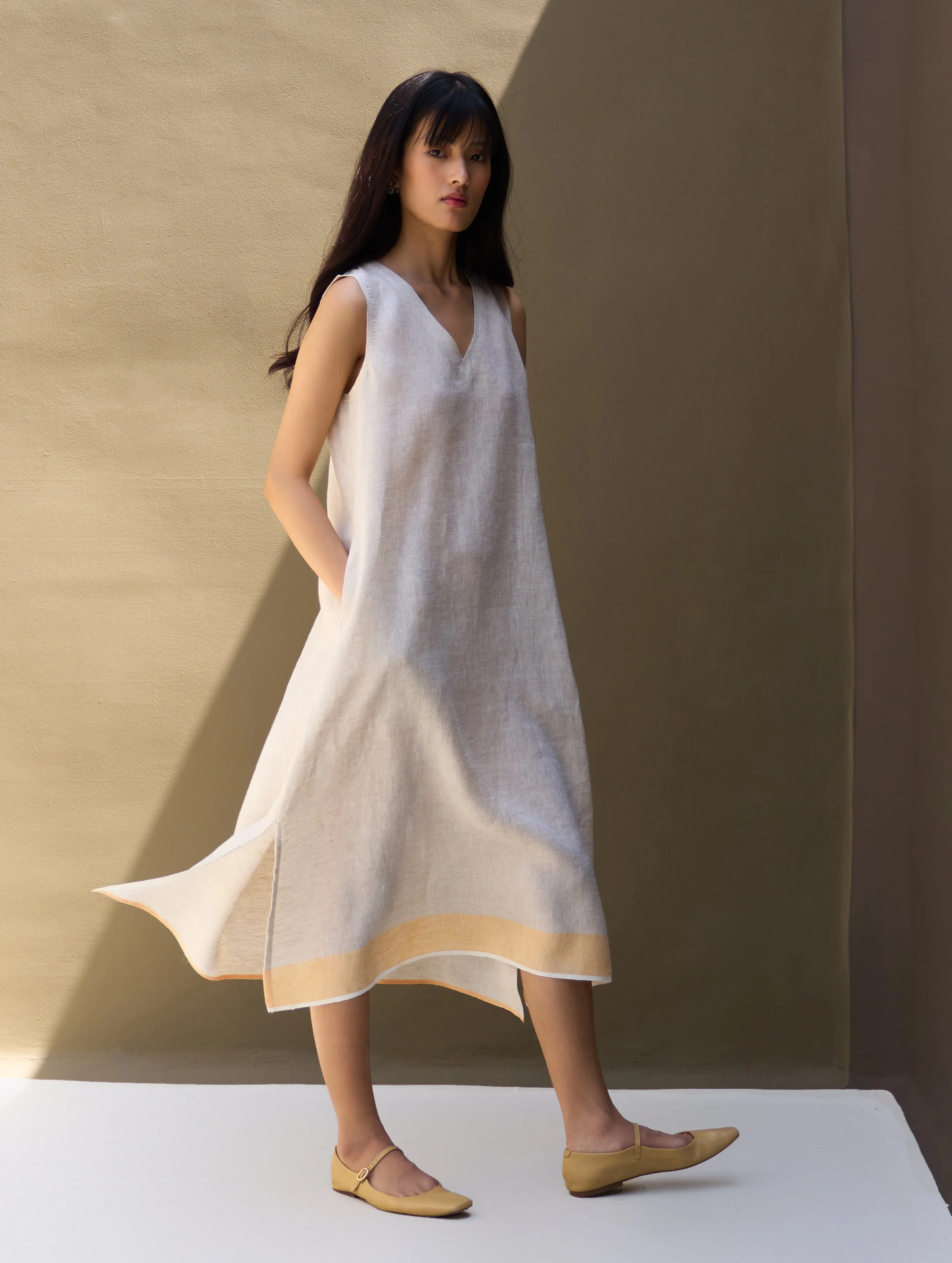 Jin Border Linen Dress - Natural