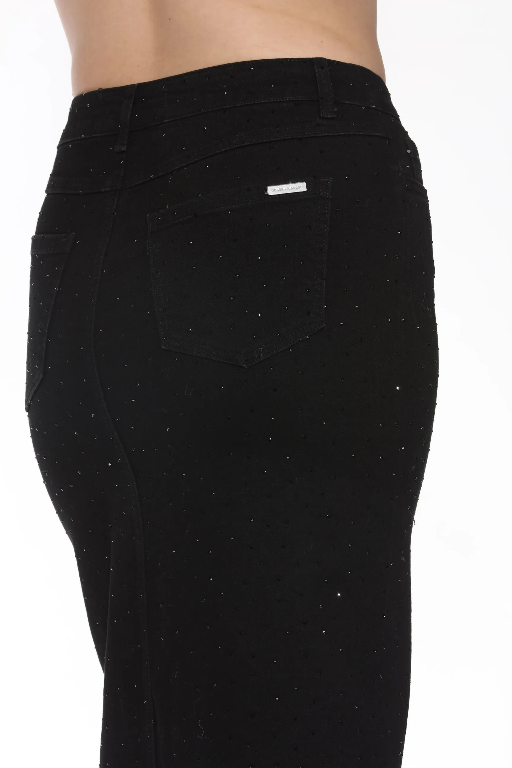 Joseph Ribkoff Black Front Slit Embellished Midi Pencil Denim Jean Skirt 244944