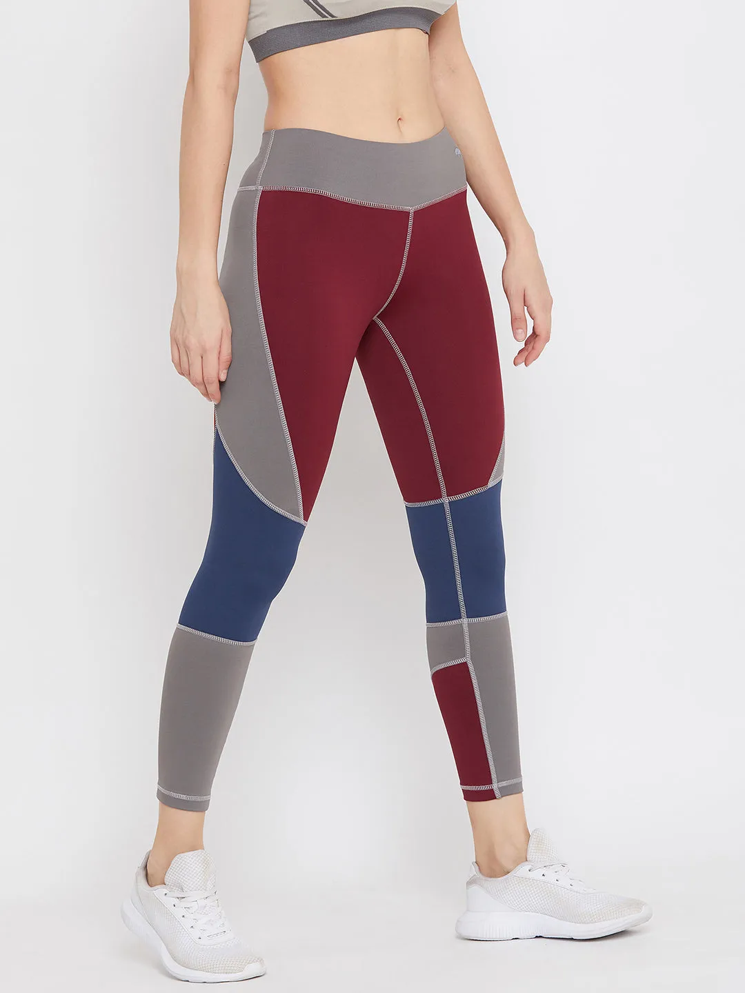 JUMP USA Women Maroon & Blue Colourblock Active Wear Tights