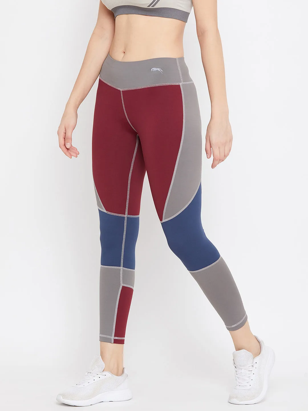 JUMP USA Women Maroon & Blue Colourblock Active Wear Tights