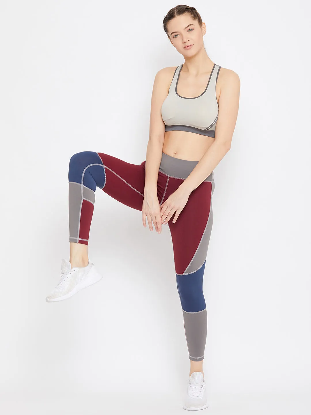 JUMP USA Women Maroon & Blue Colourblock Active Wear Tights