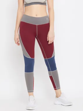 JUMP USA Women Maroon & Blue Colourblock Active Wear Tights