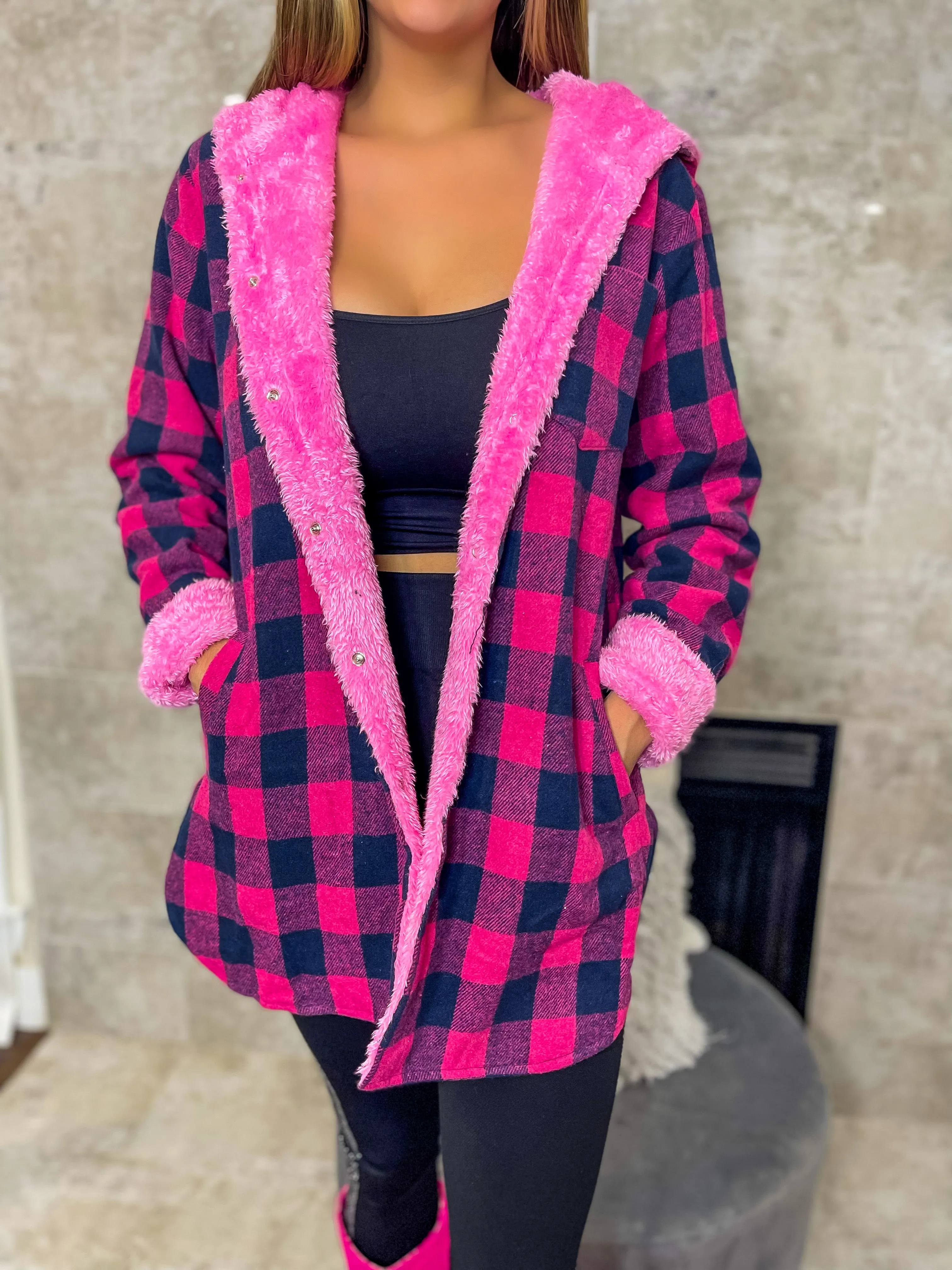 Just Dreamy Sherpa Lined Hooded Plaid Jacket - Pink