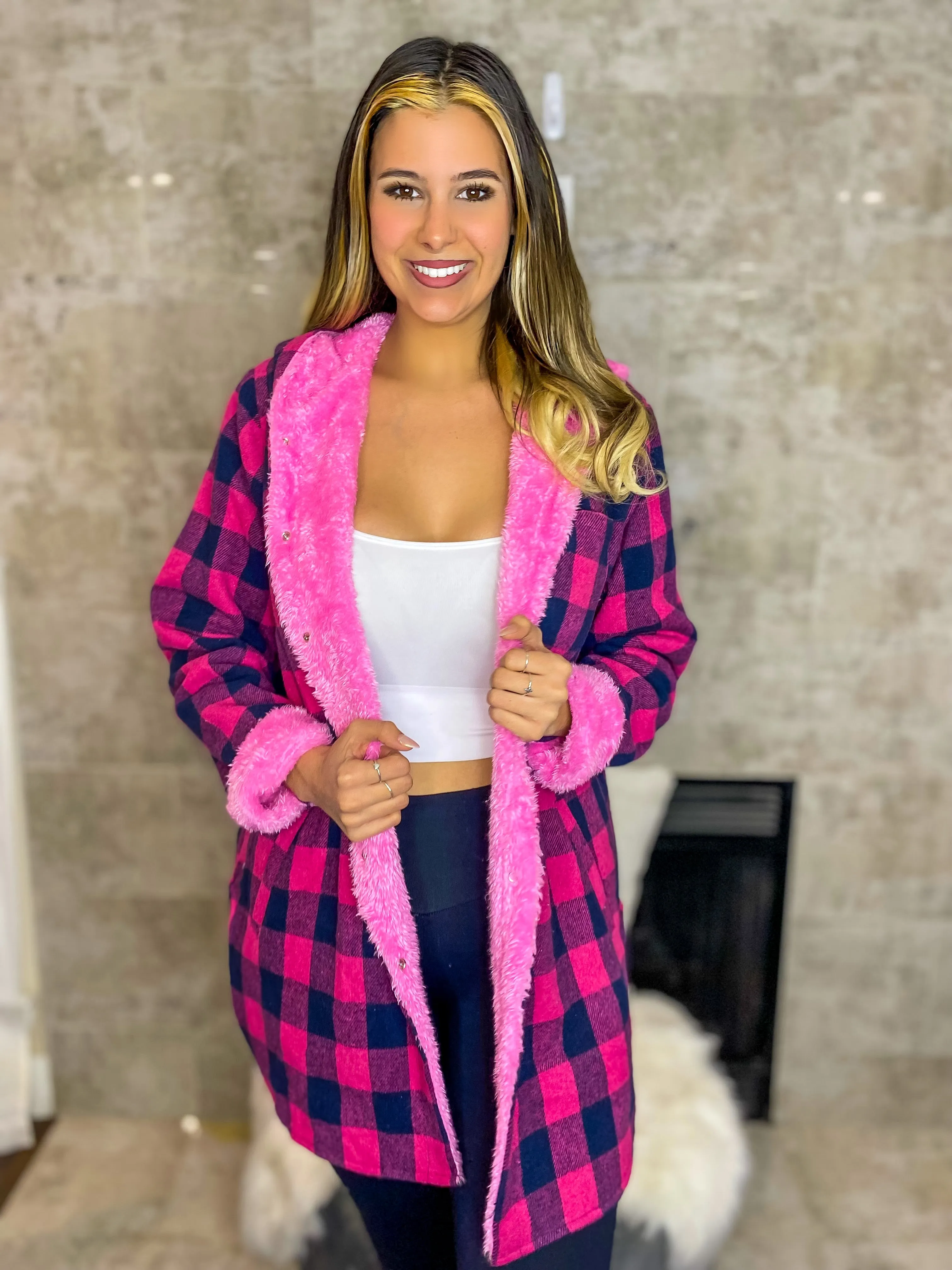 Just Dreamy Sherpa Lined Hooded Plaid Jacket - Pink