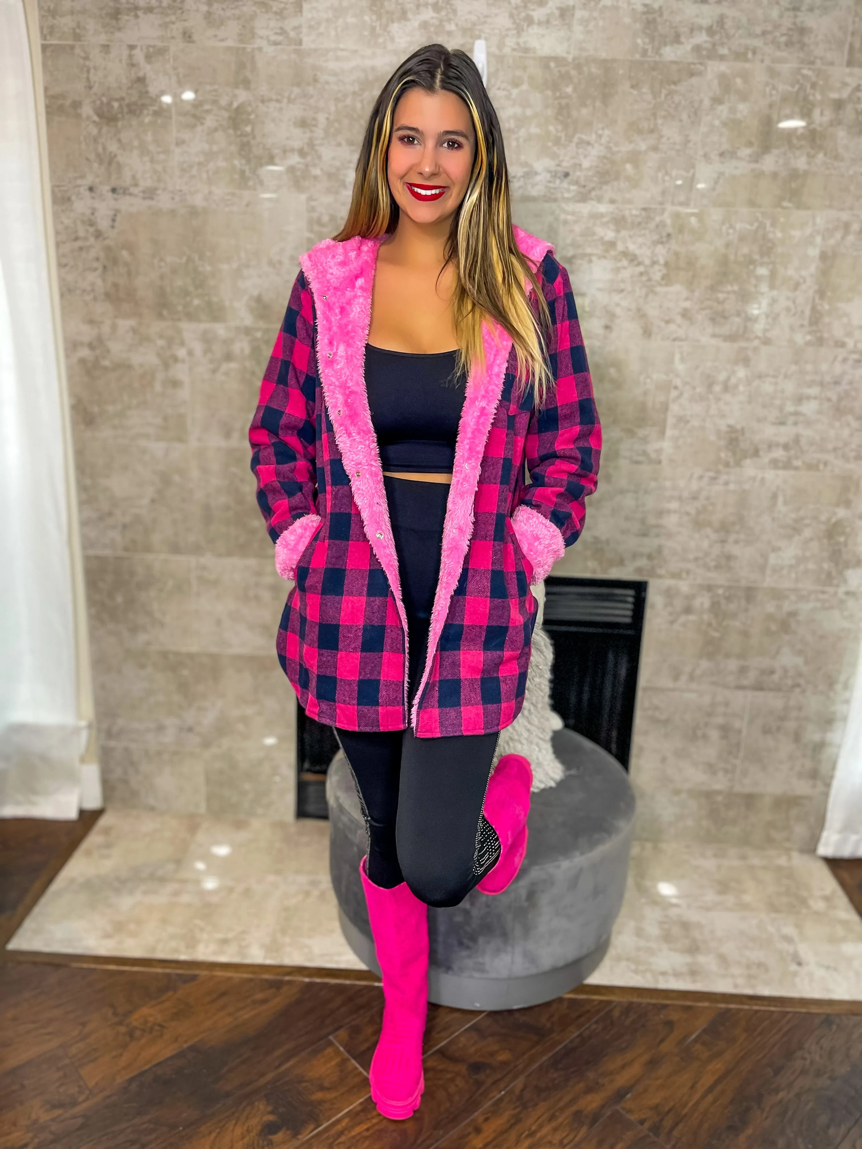 Just Dreamy Sherpa Lined Hooded Plaid Jacket - Pink