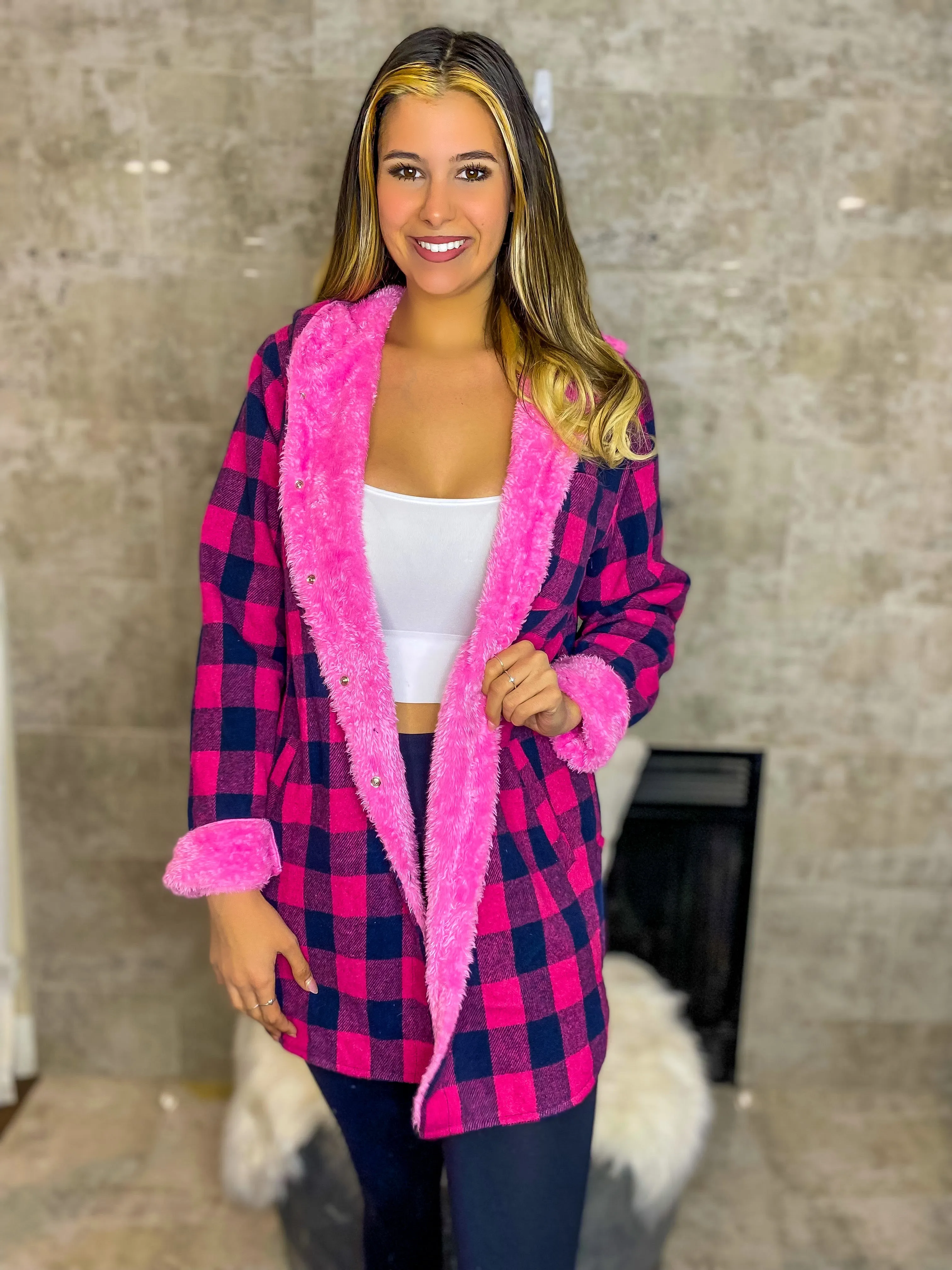 Just Dreamy Sherpa Lined Hooded Plaid Jacket - Pink