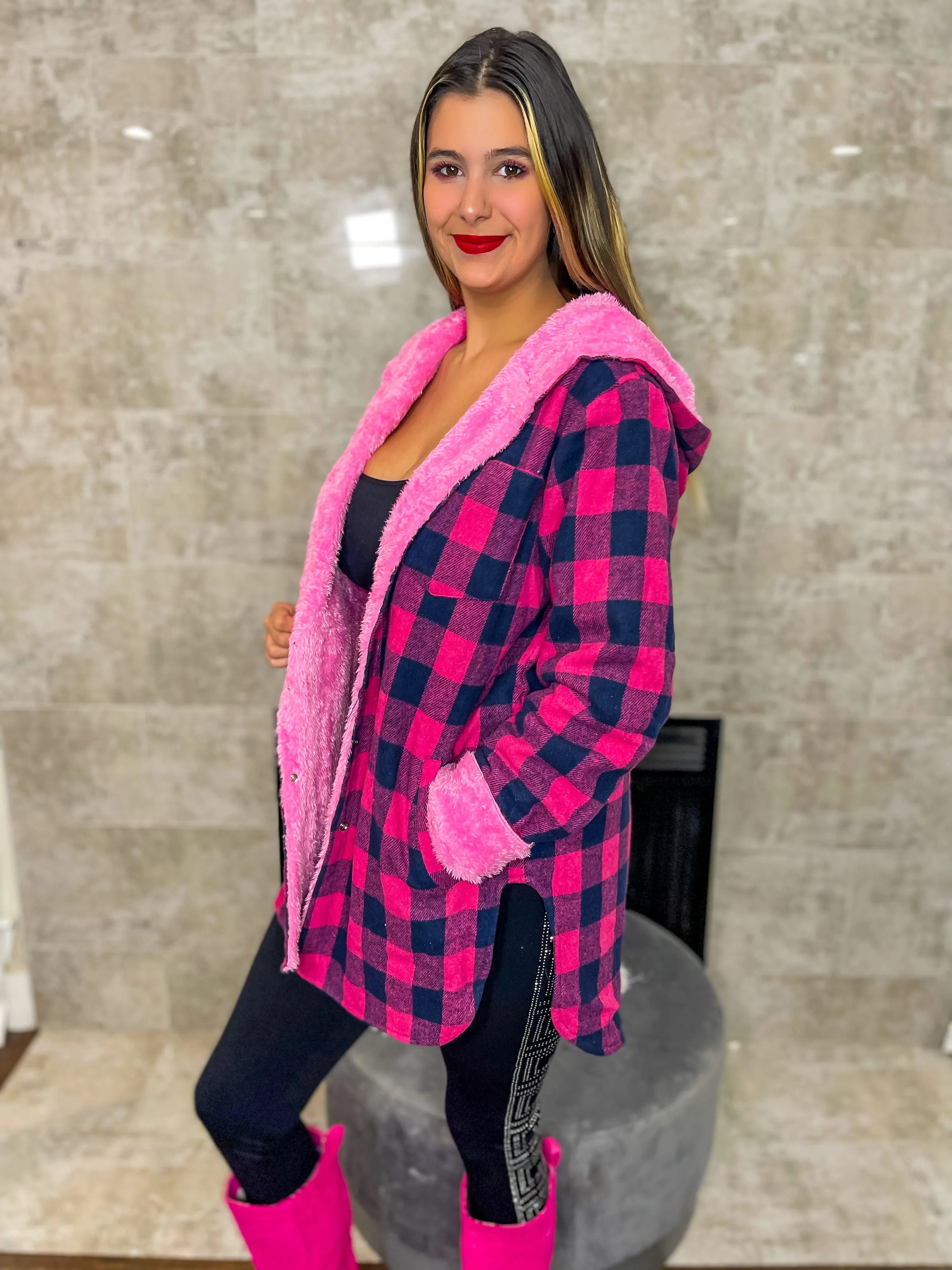 Just Dreamy Sherpa Lined Hooded Plaid Jacket - Pink