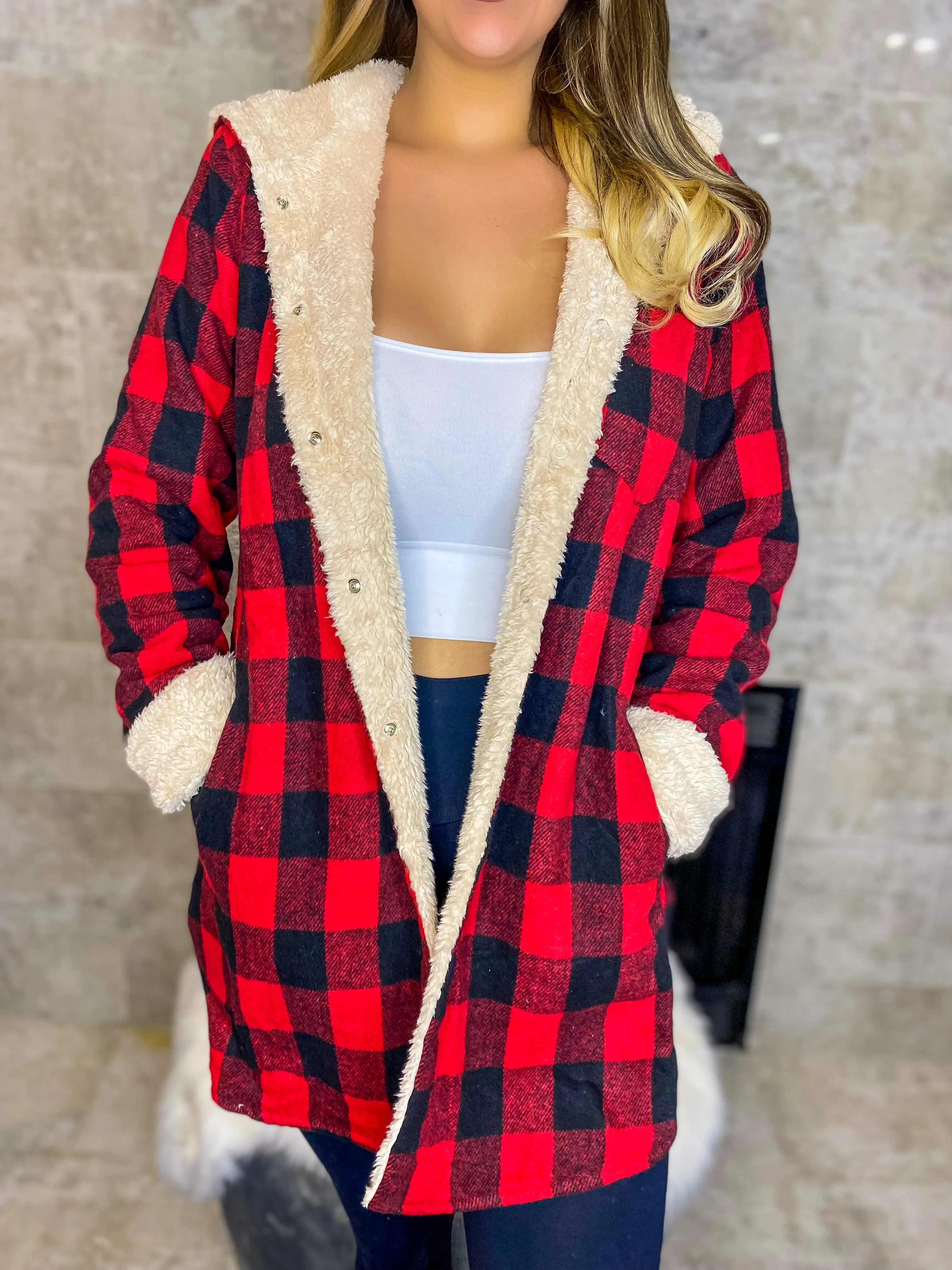 Just Dreamy Sherpa Lined Hooded Plaid Jacket - Red