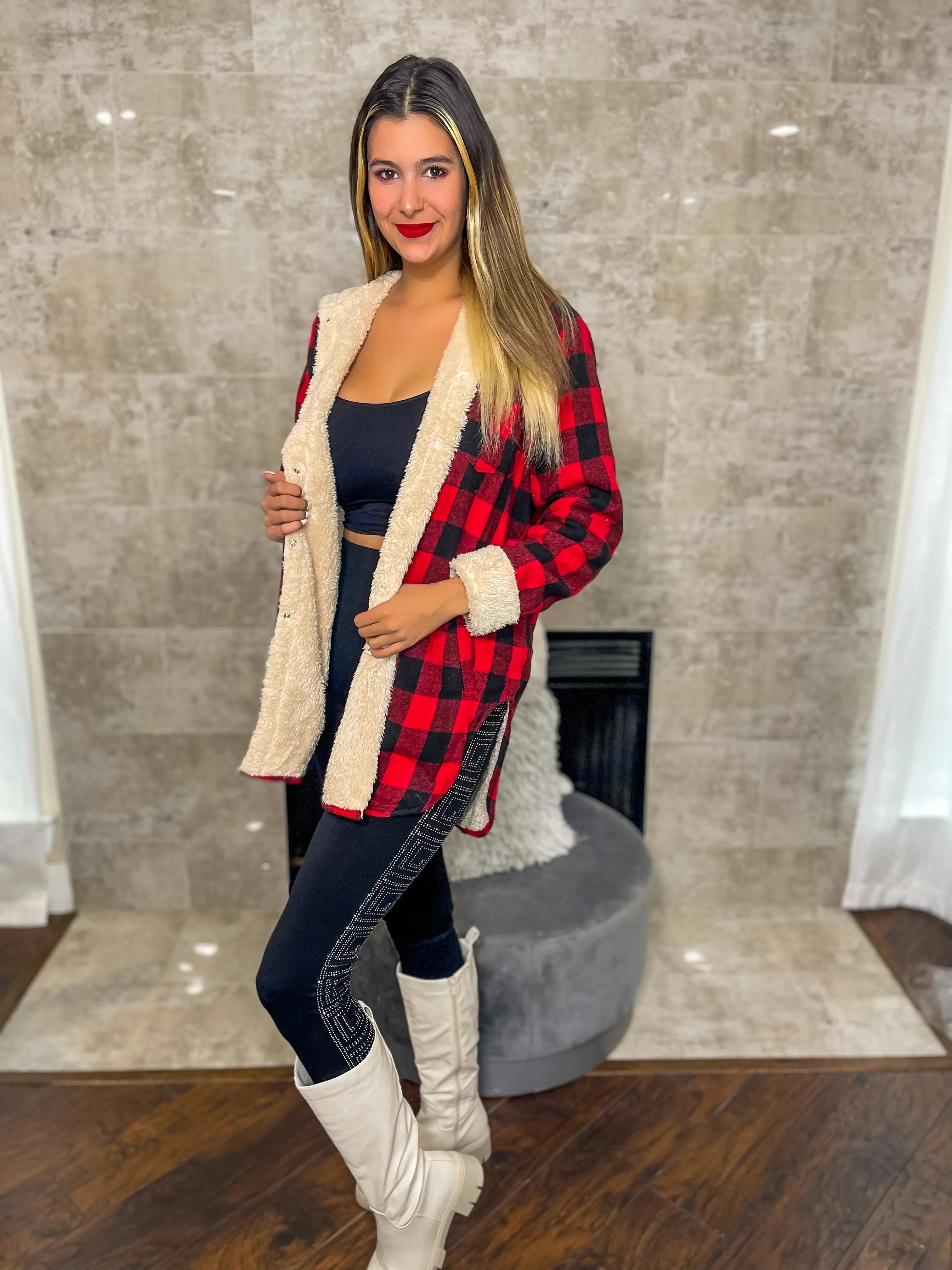 Just Dreamy Sherpa Lined Hooded Plaid Jacket - Red