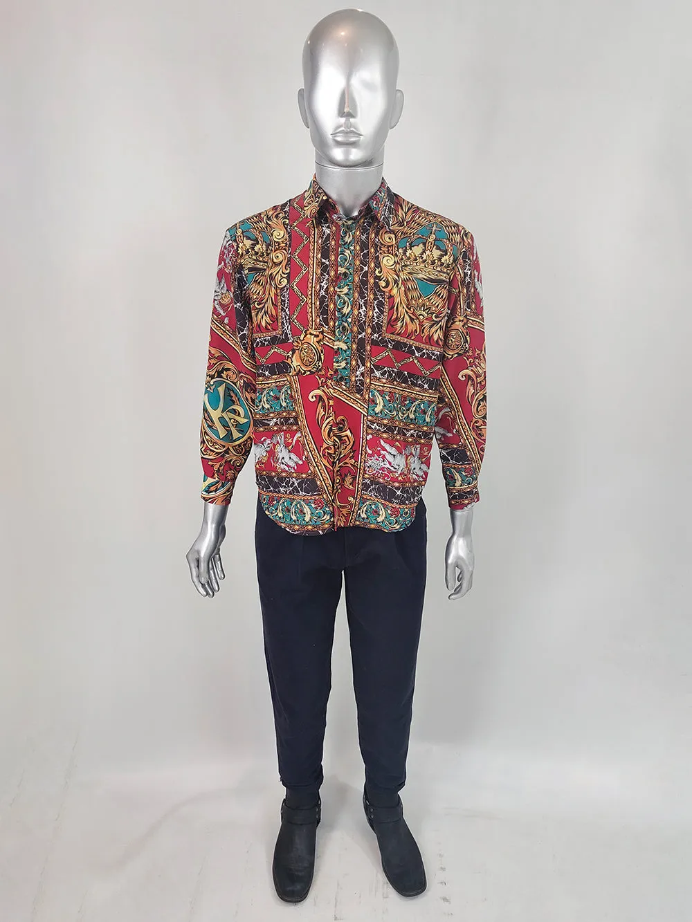 Kansai Yamamoto Vintage Mens Red Baroque Print Shirt, 1990s