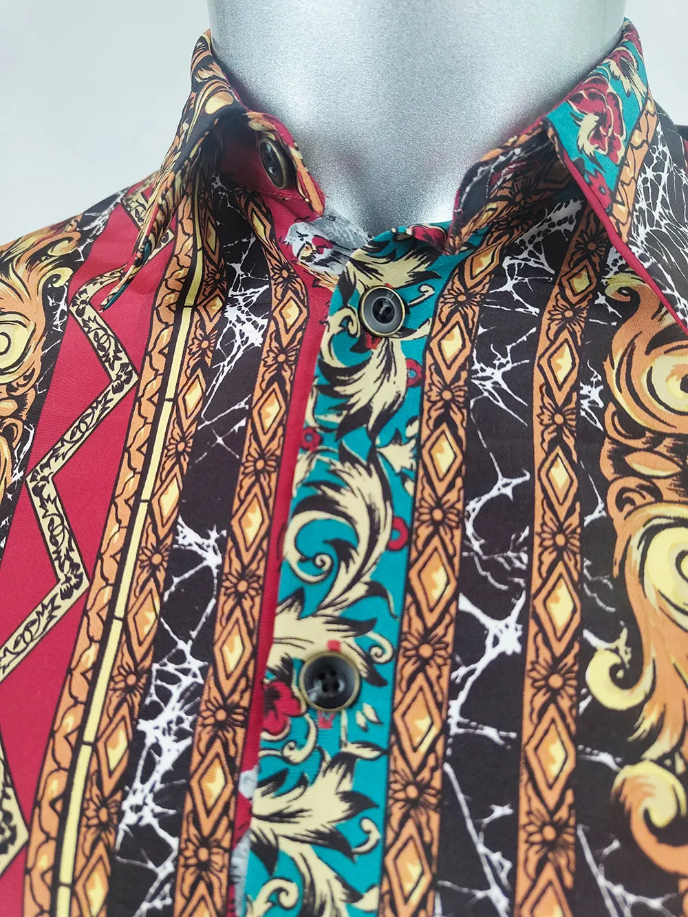 Kansai Yamamoto Vintage Mens Red Baroque Print Shirt, 1990s