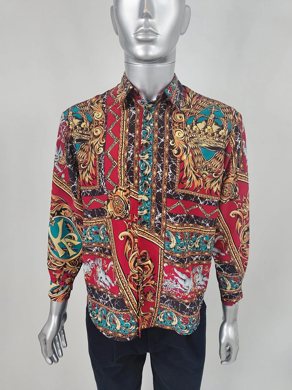 Kansai Yamamoto Vintage Mens Red Baroque Print Shirt, 1990s