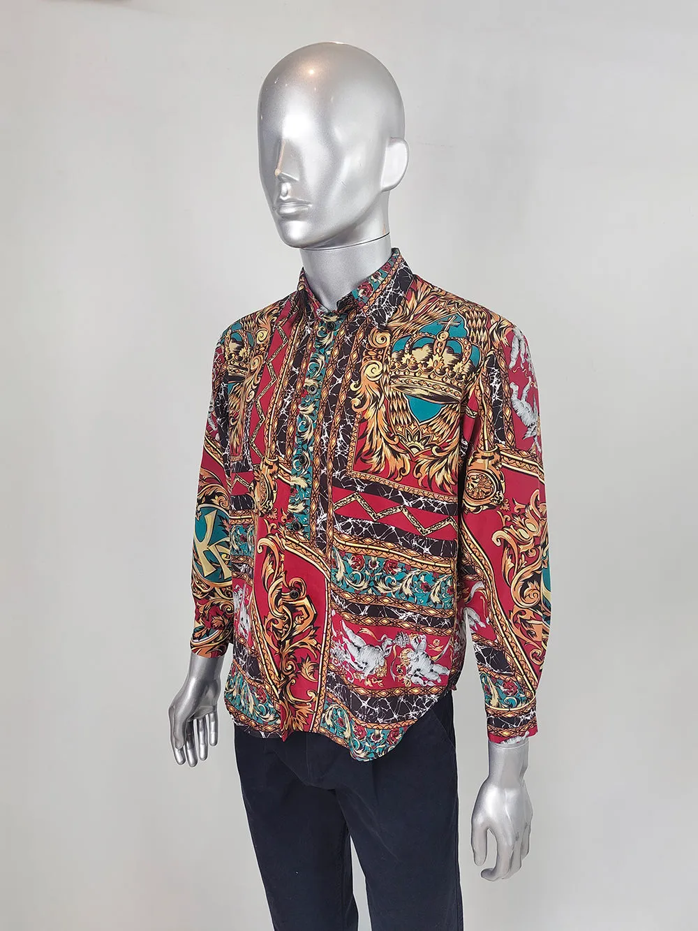 Kansai Yamamoto Vintage Mens Red Baroque Print Shirt, 1990s