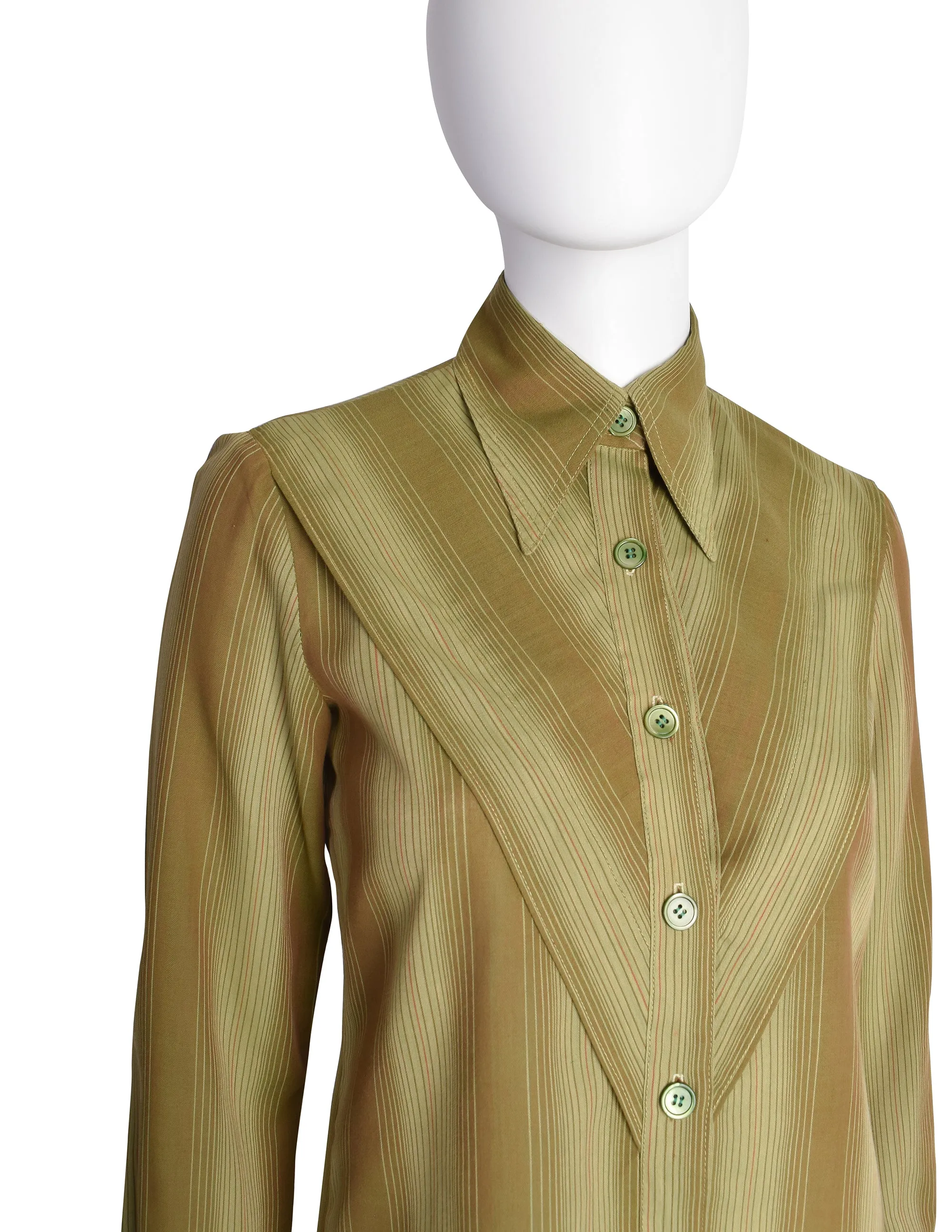 Kenzo Vintage 1970s Green Striped Cotton Button Up Shirt