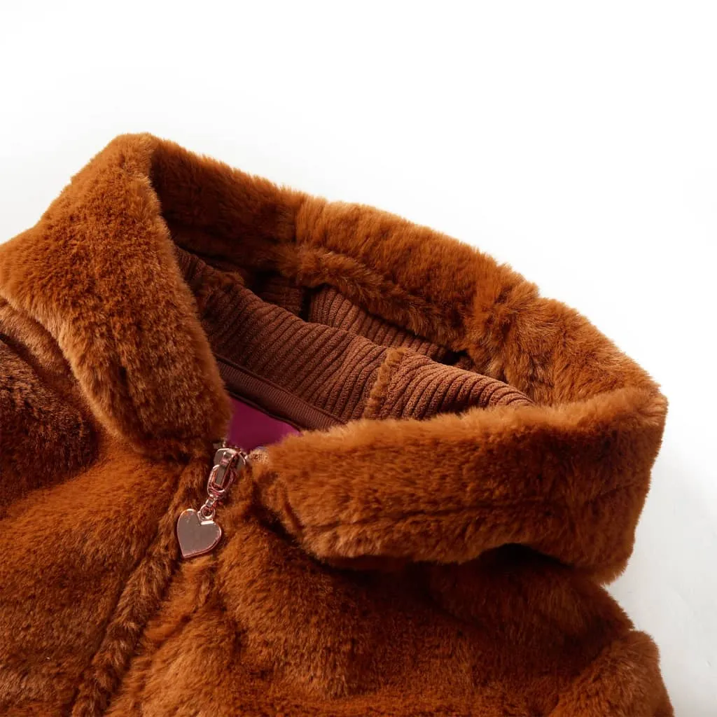 Kids' Hooded Faux Fur Jacket in Cognac - Size 140 (9-10 Years) | Warm & Comfortable Children's Outerwear